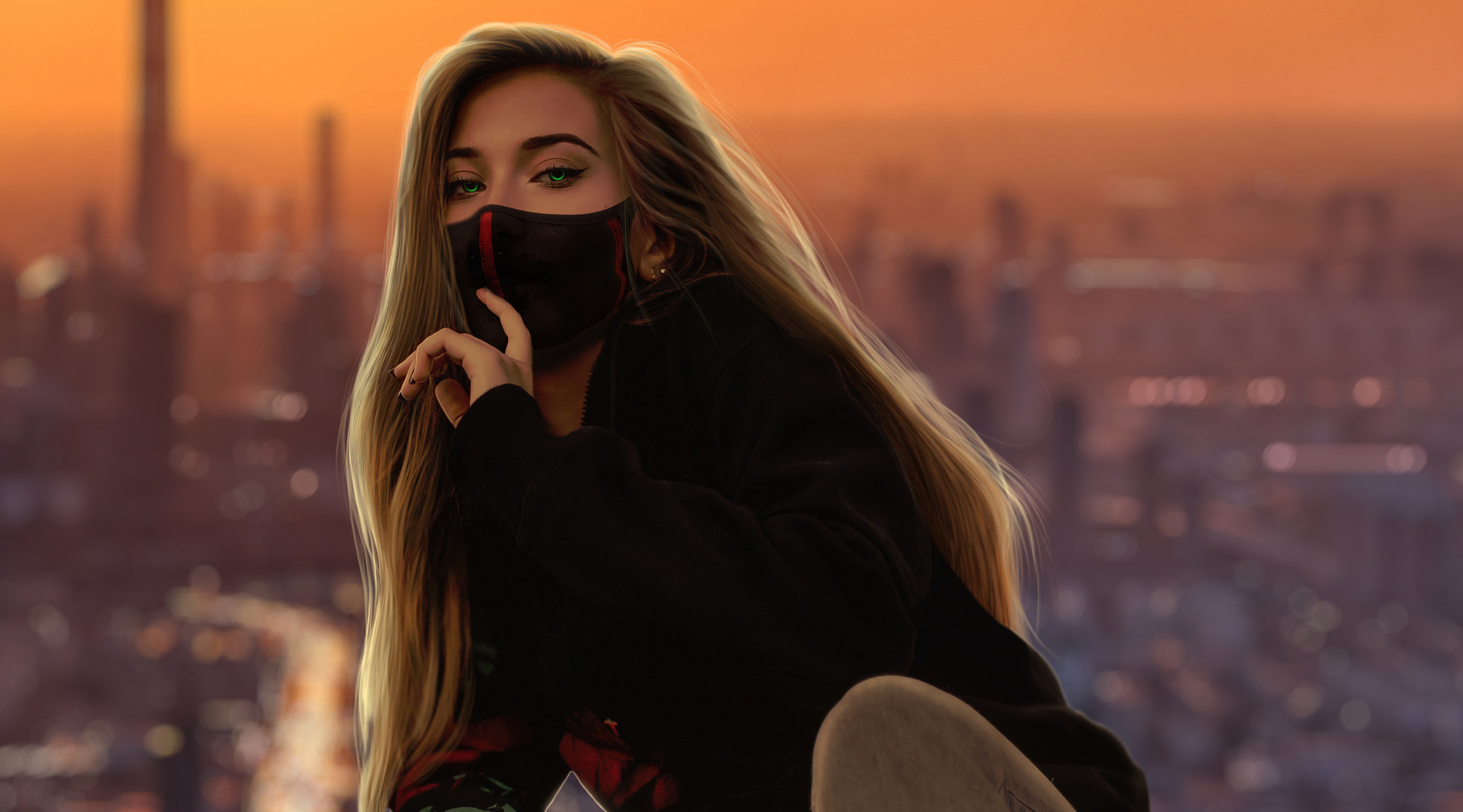 Woman with mask in front of city skyline at sunset HD Wallpaper