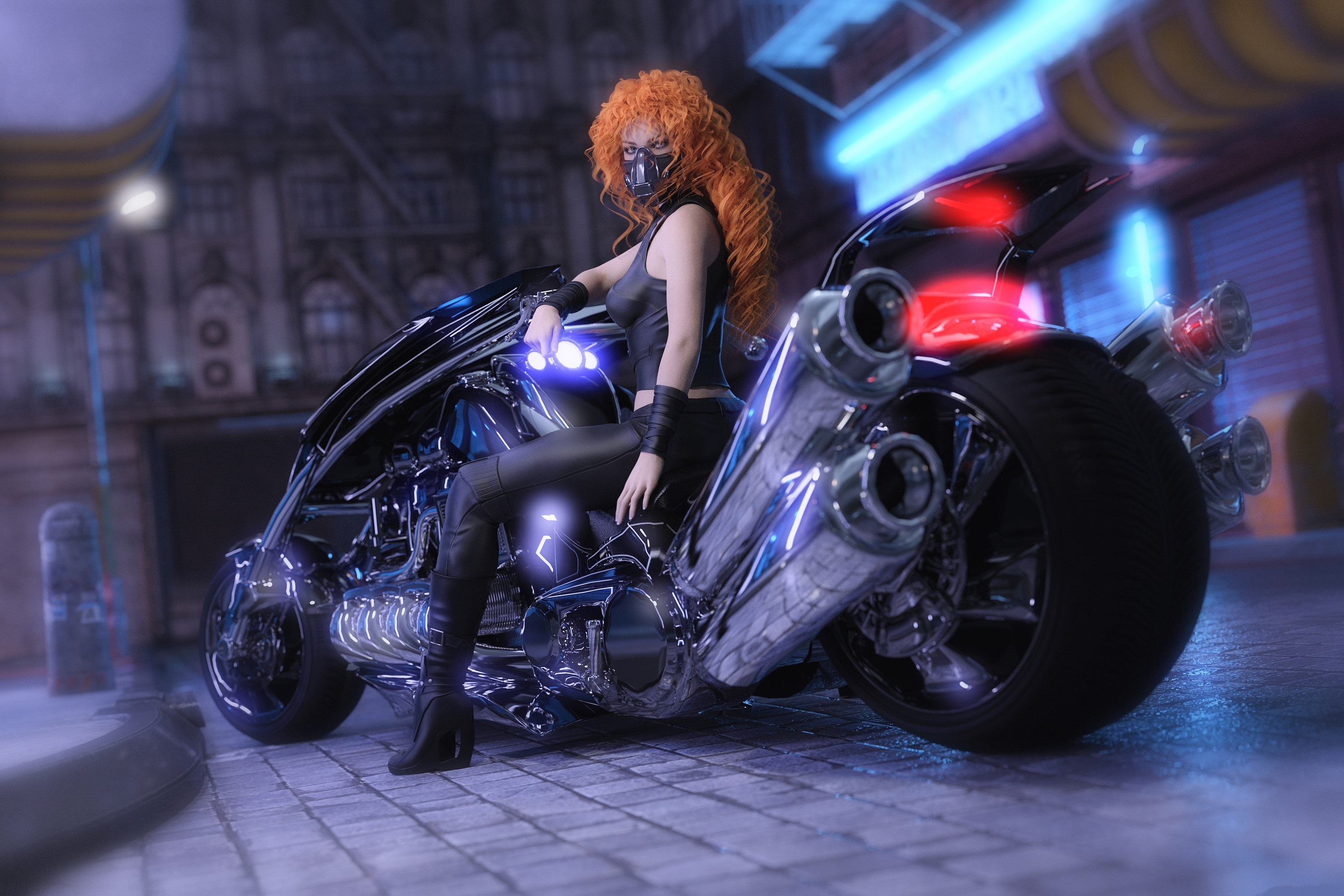 Woman with orange hair on a futuristic motorcycle HD Wallpaper