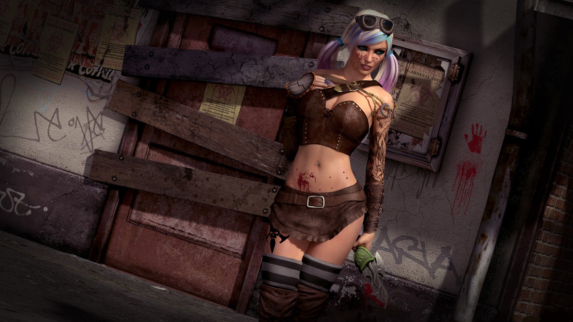 Fantasy Woman Warrior with Tattoos and Goggles HD Wallpaper