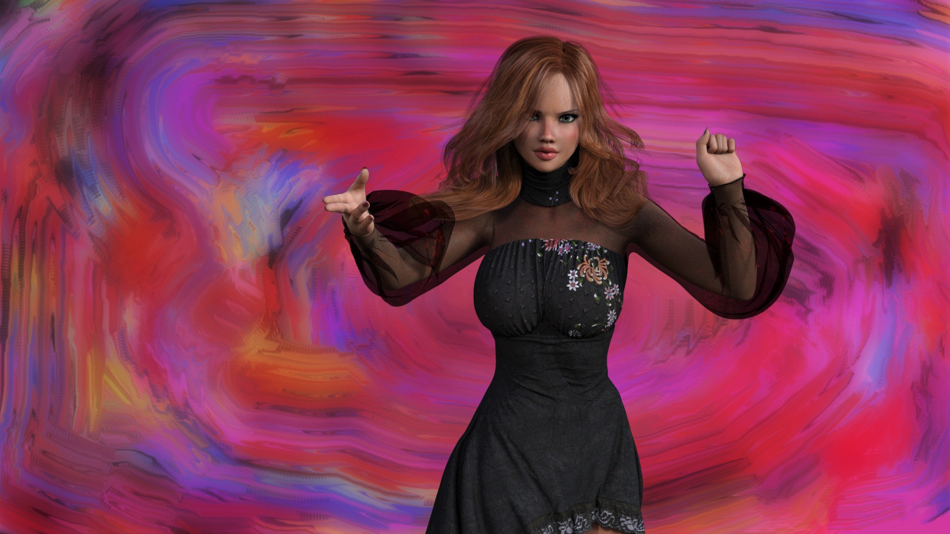Woman in black dress with colorful background HD Wallpaper