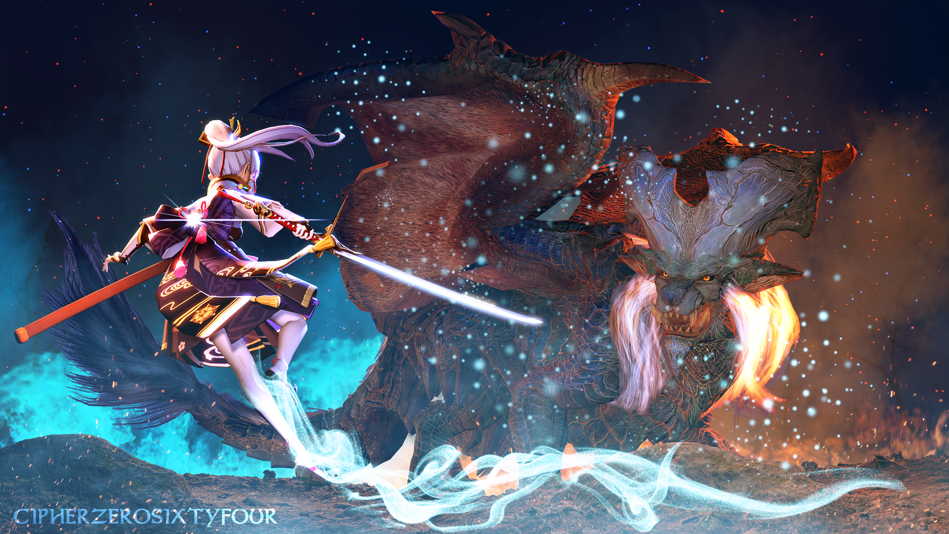 Kamisato Ayaka fighting a monster HD Wallpaper