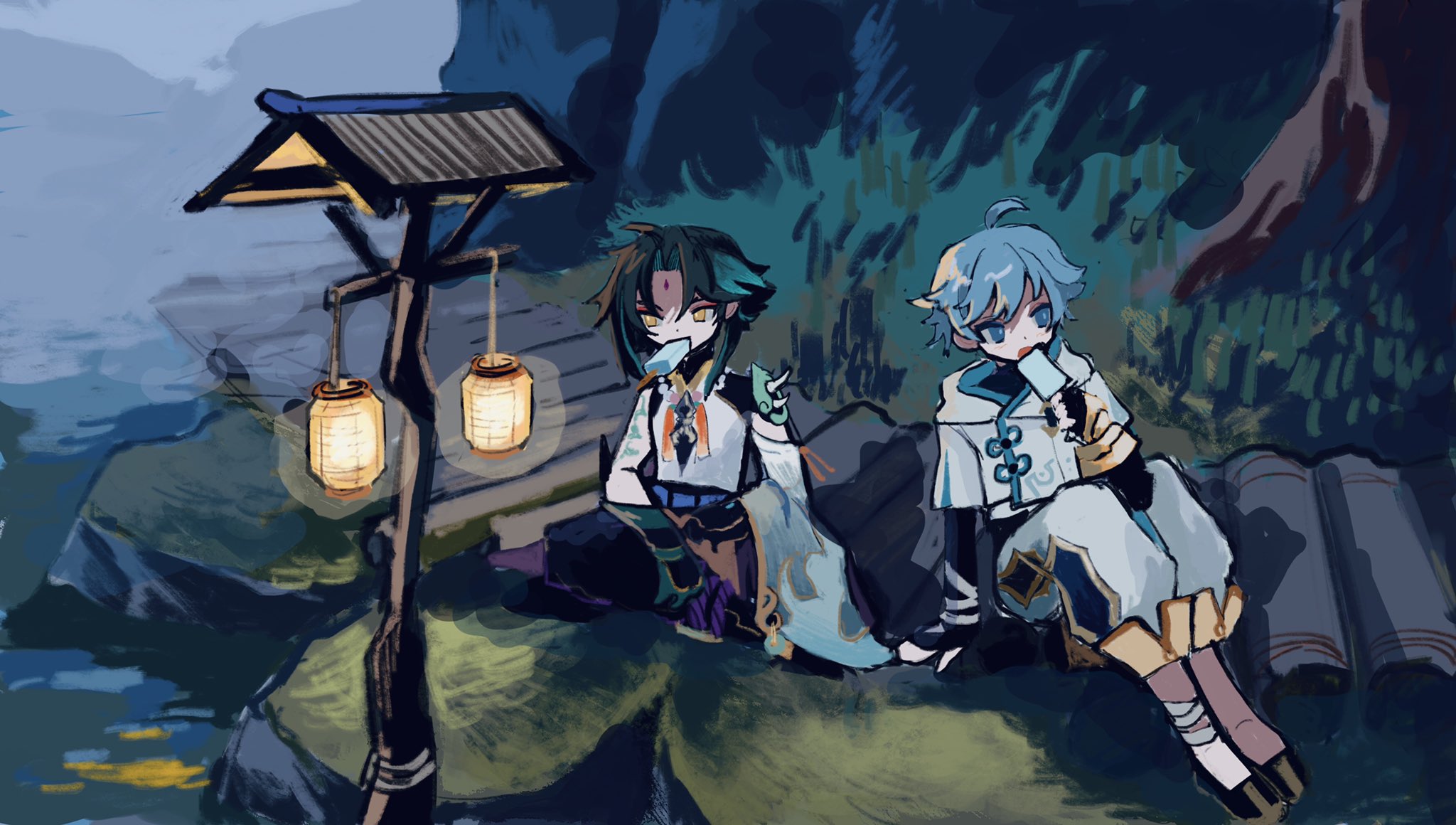 Xiao and Chongyun from Genshin Impact eating popsicles HD Wallpaper