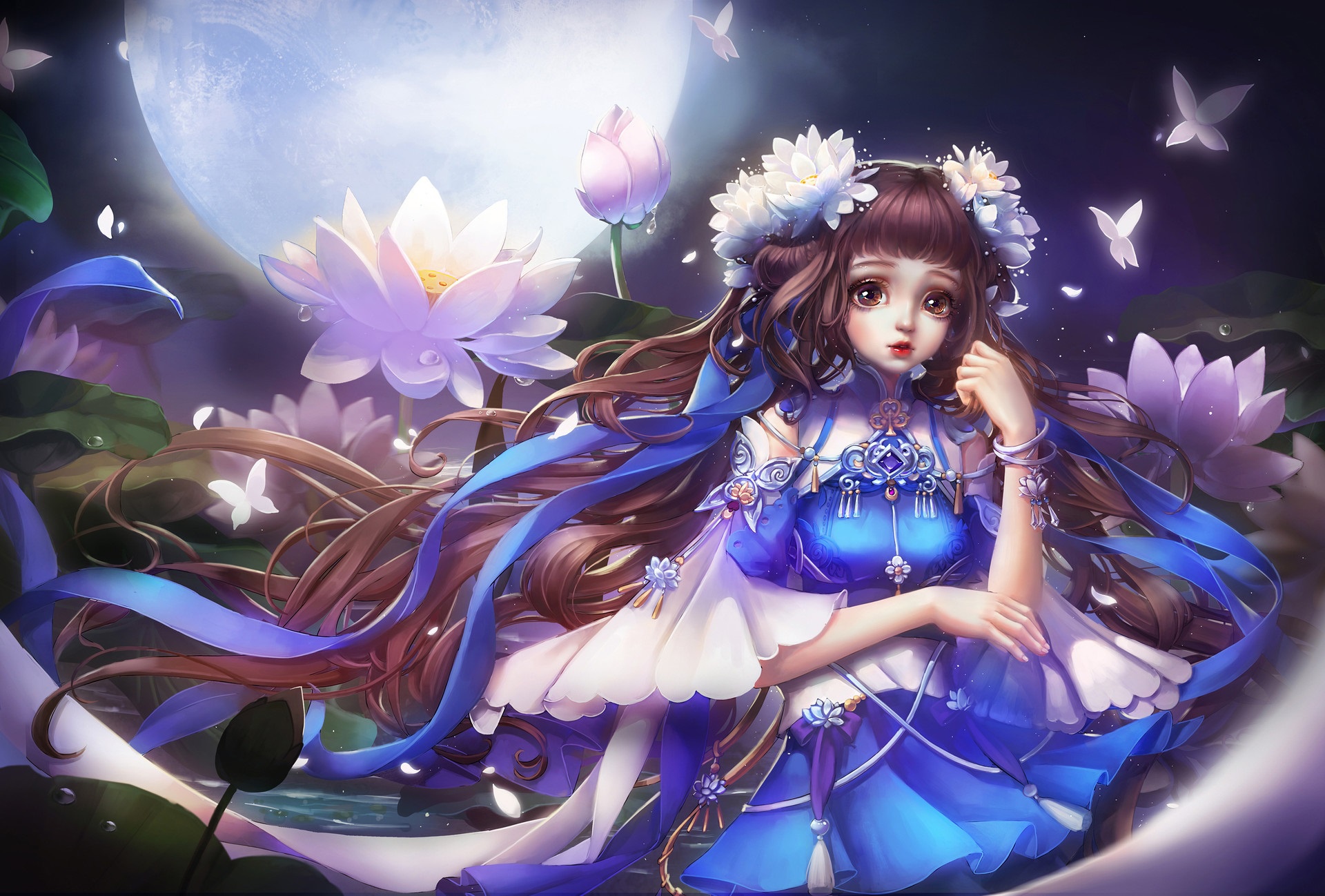 Girl in blue dress with lotuses and moon HD Wallpaper