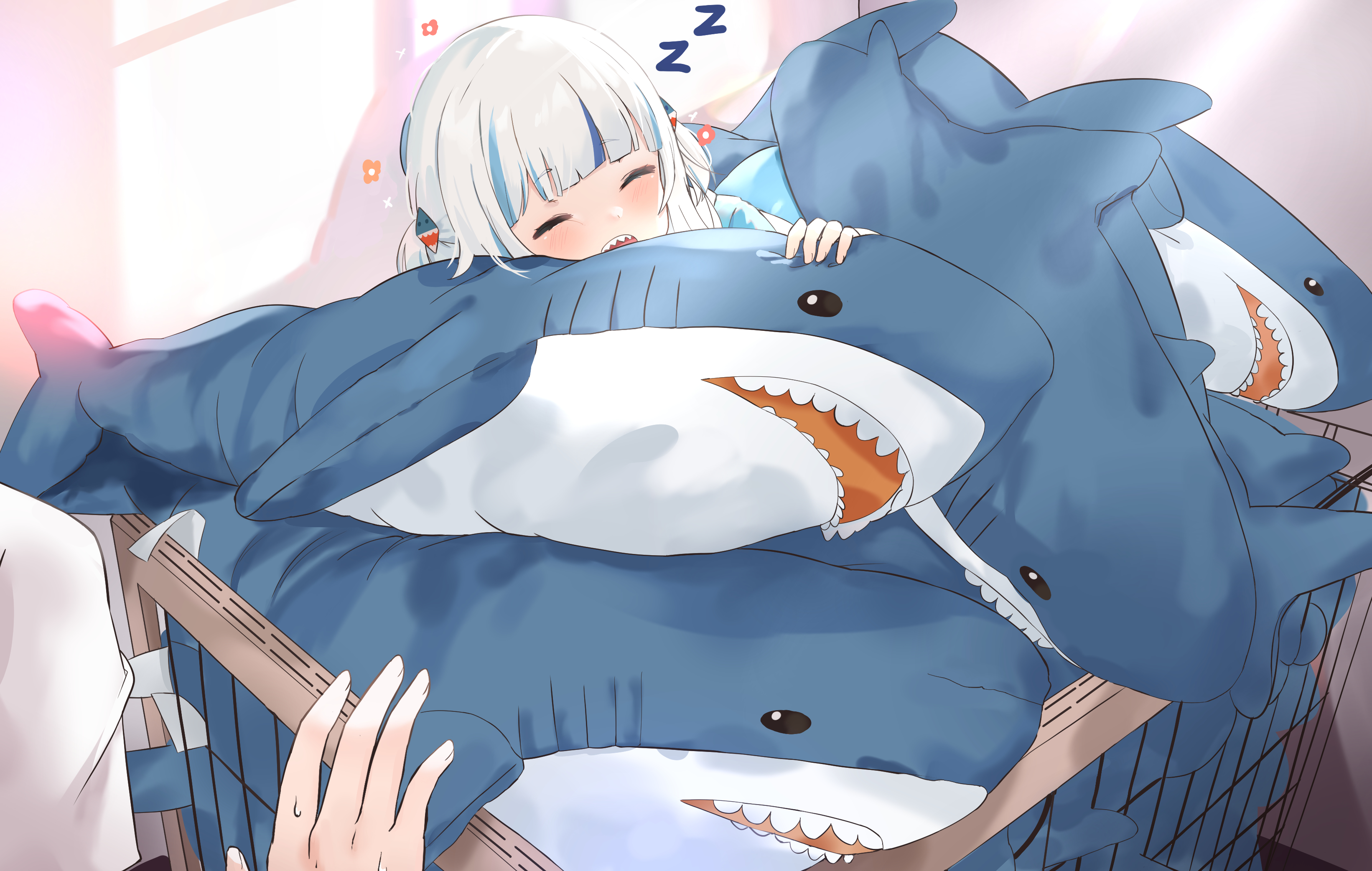 Gawr Gura from Hololive sleeping on shark plushies HD Wallpaper