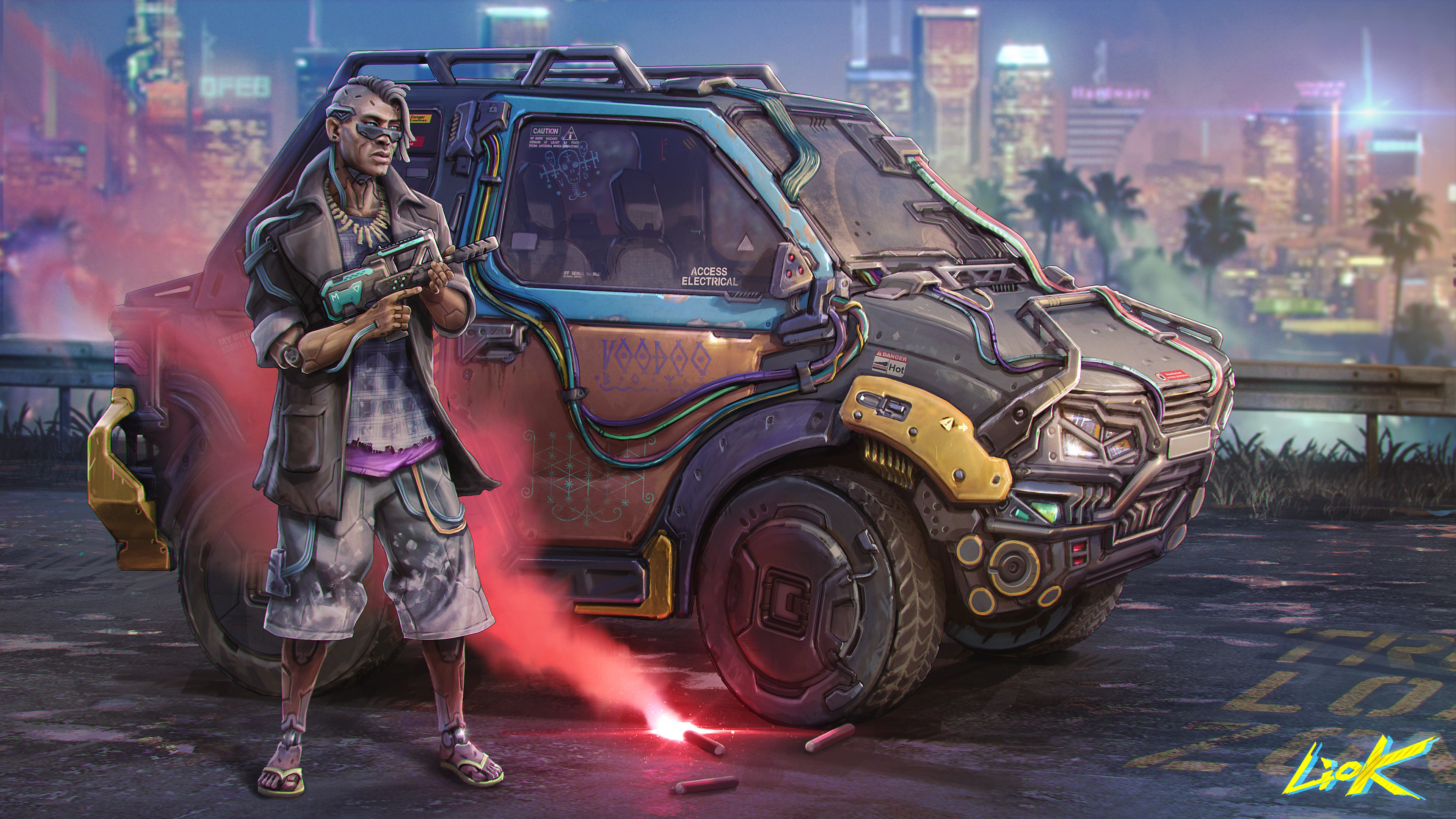 Man with futuristic car and smoke bombs in Cyberpunk city 4K HD Wallpaper