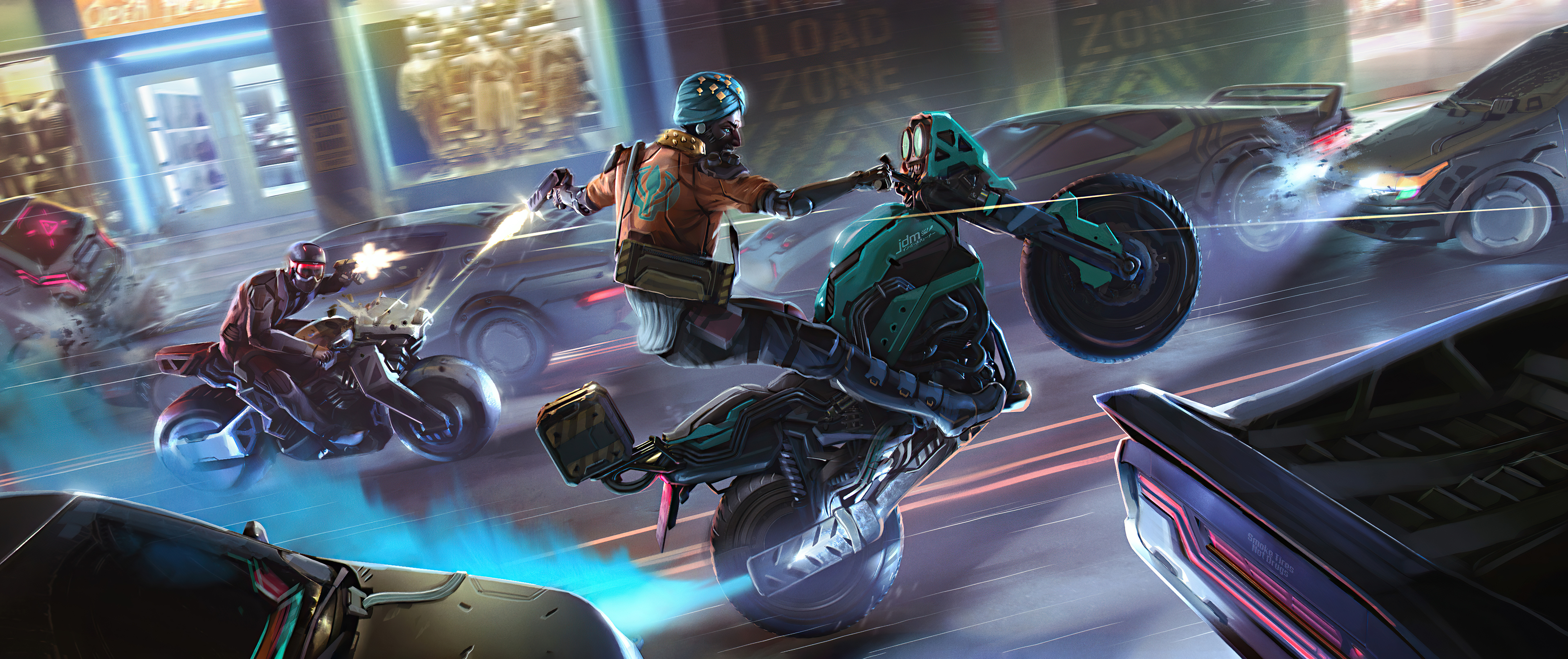 Cyberpunk motorcyclists in a futuristic city chase HD Wallpaper