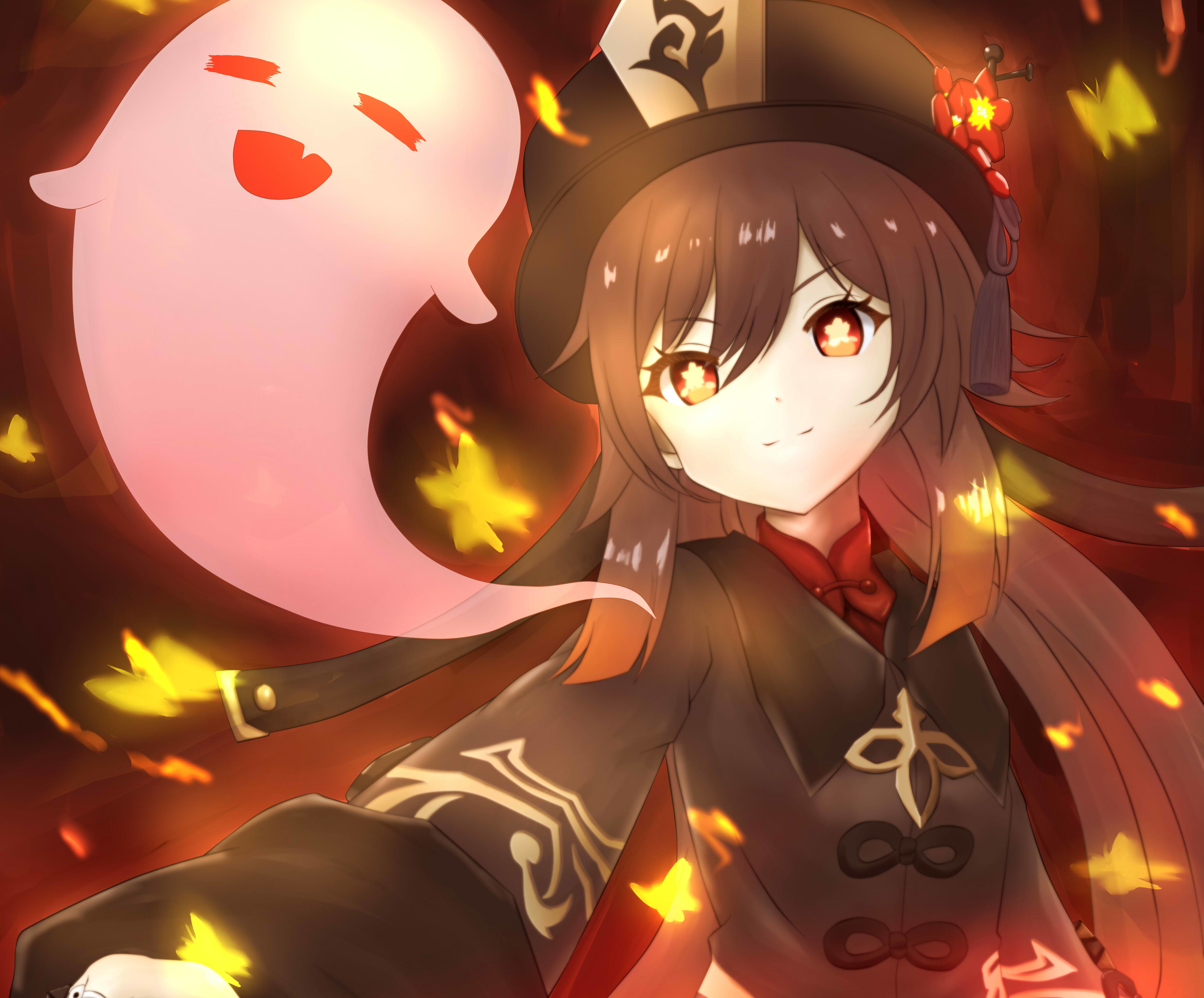 Hu Tao from Genshin Impact with a ghost HD Wallpaper