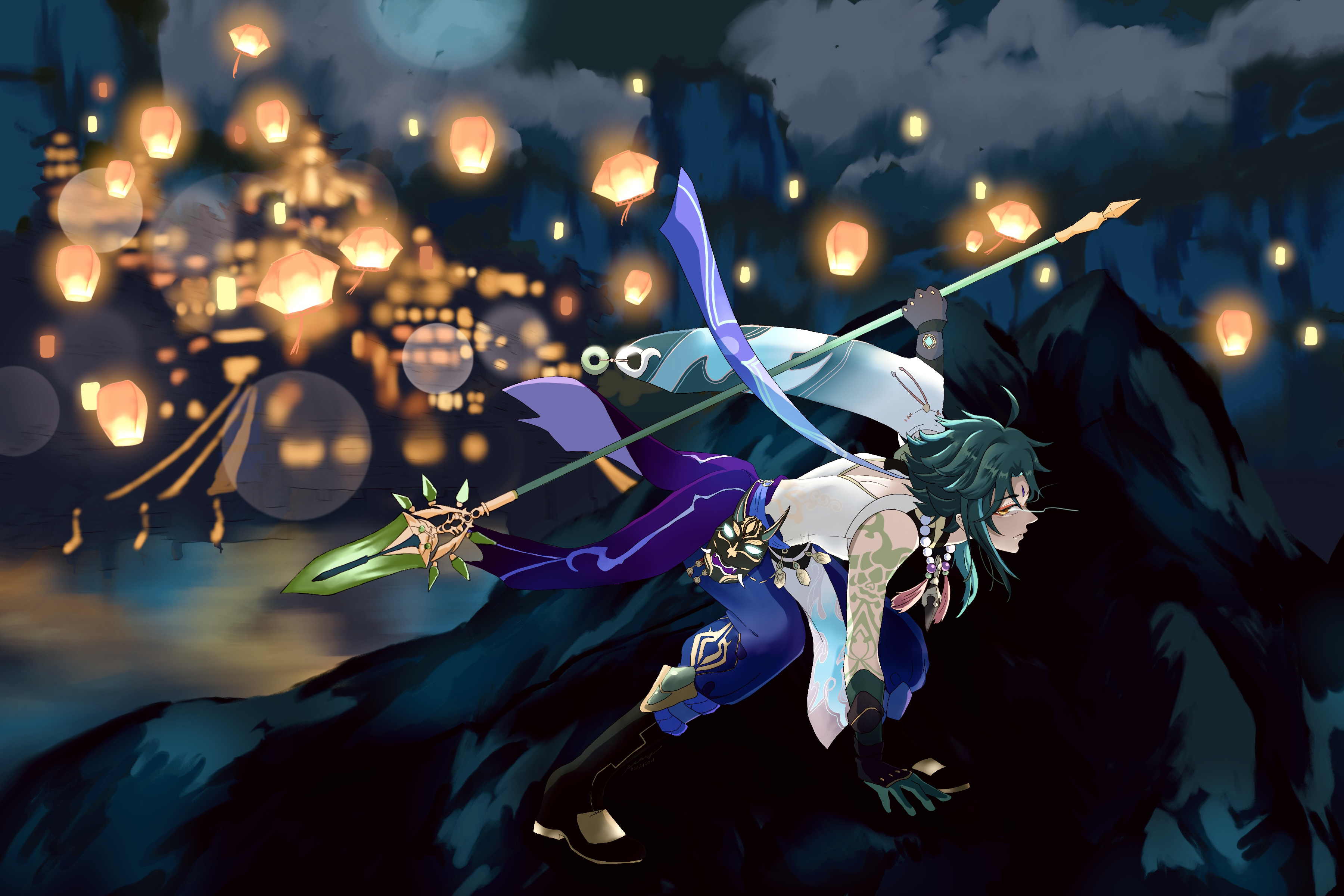 Xiao from Genshin Impact with Lanterns HD Wallpaper