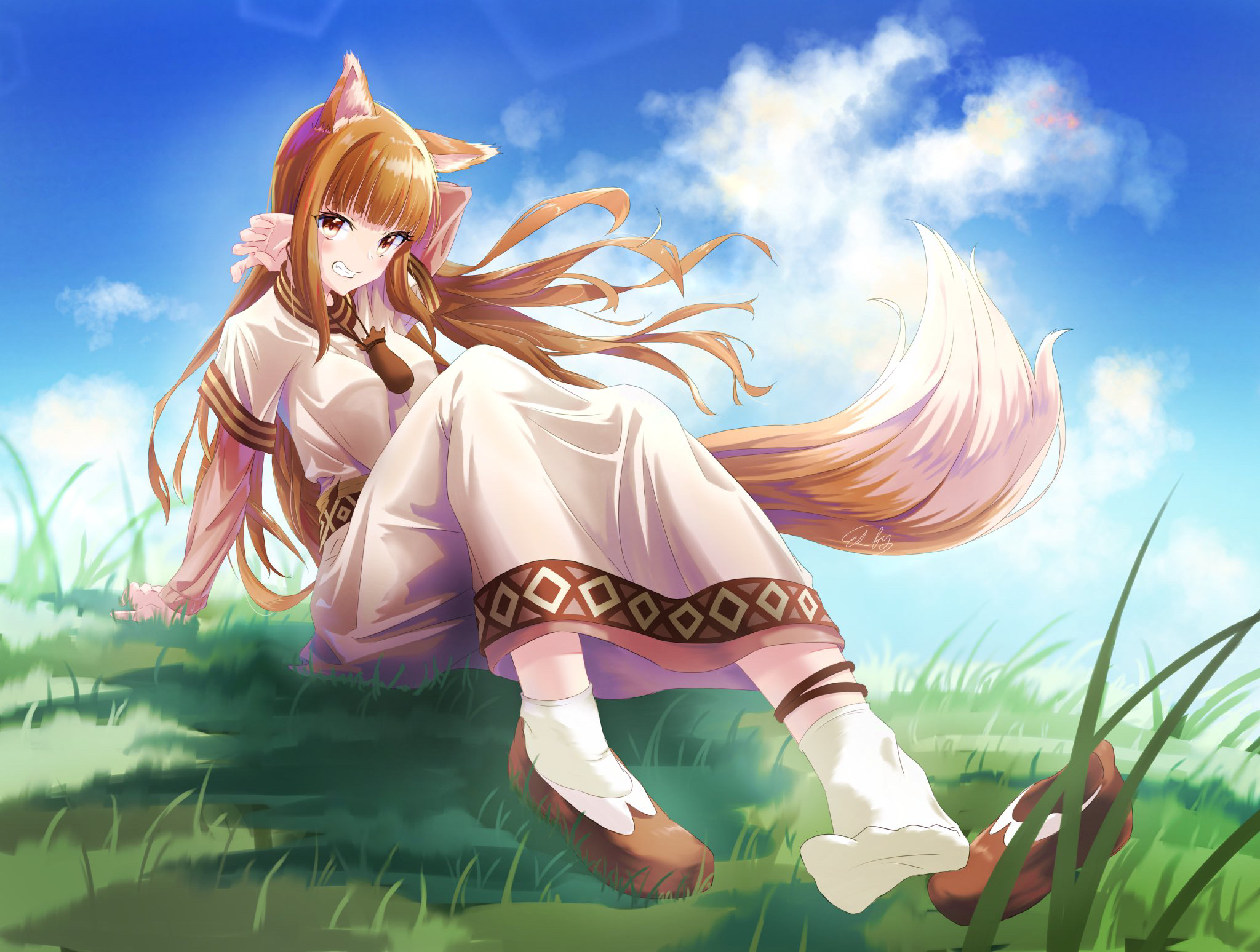 Holo from Spice and Wolf sitting in a field HD Wallpaper