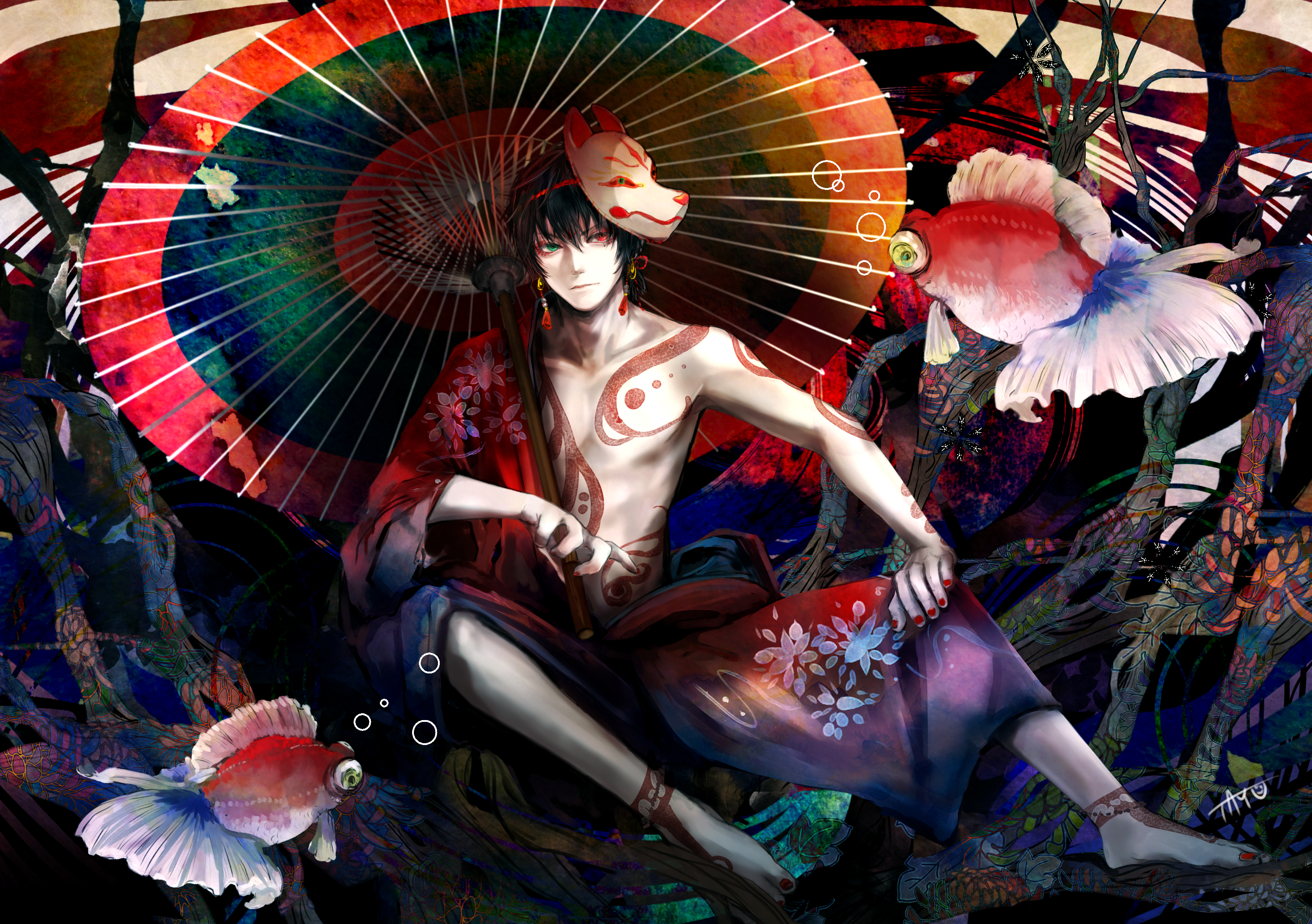 Man with Kitsune Mask and Kimono HD Wallpaper