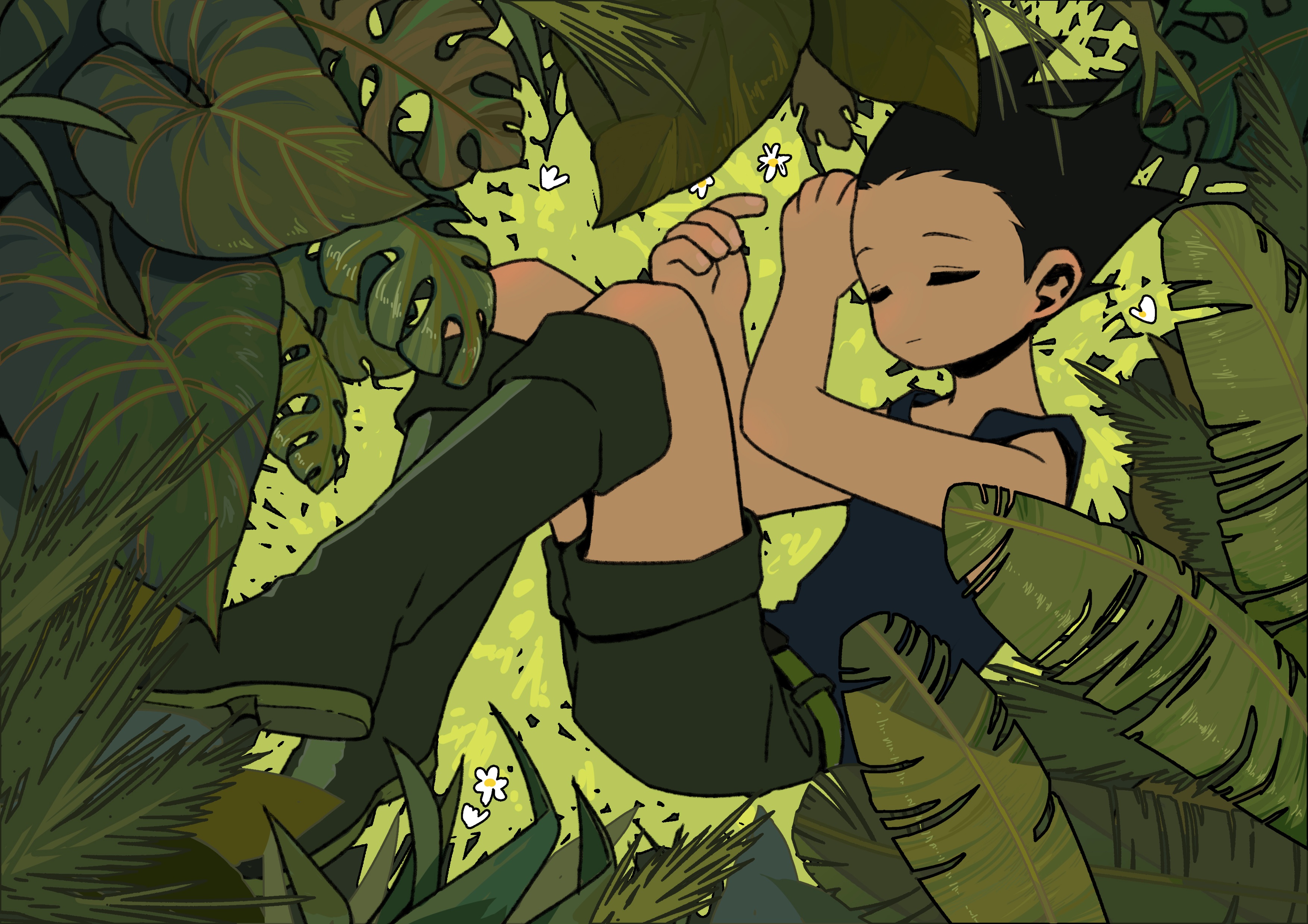 Gon Freecss from Hunter X Hunter sleeping in foliage HD Wallpaper
