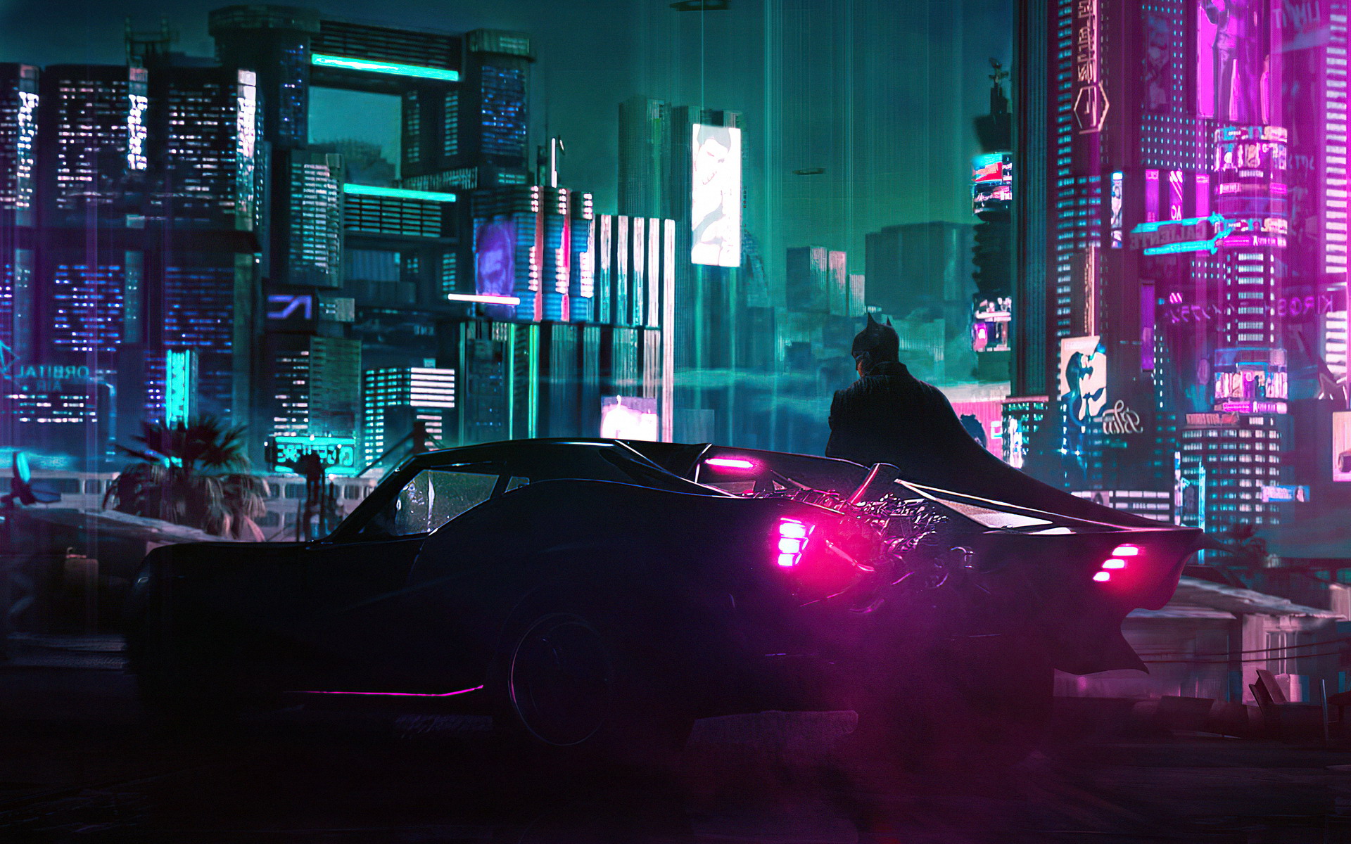 Batman in a futuristic city with his car HD Wallpaper