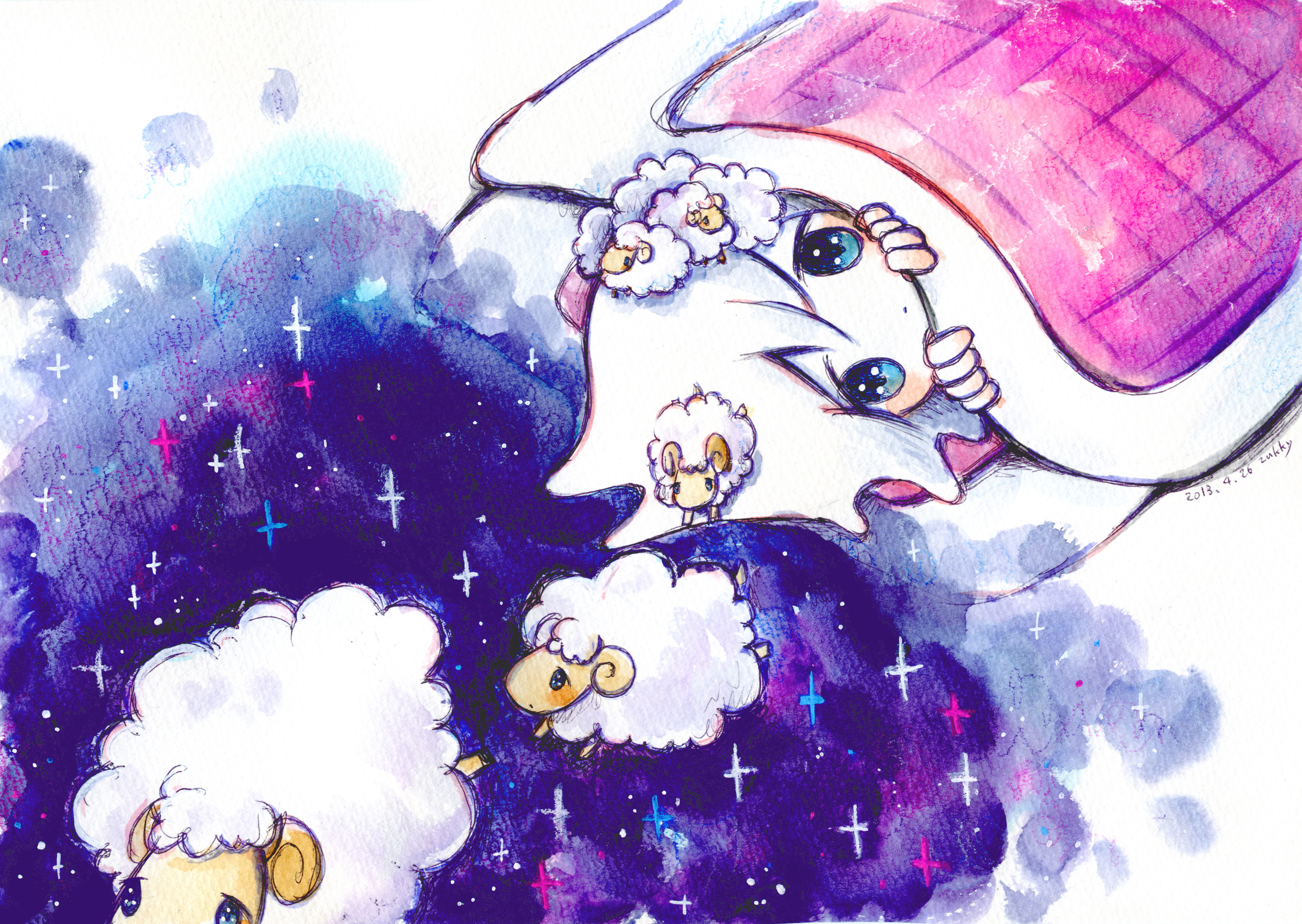 Girl with sheep in a starry sky HD Wallpaper