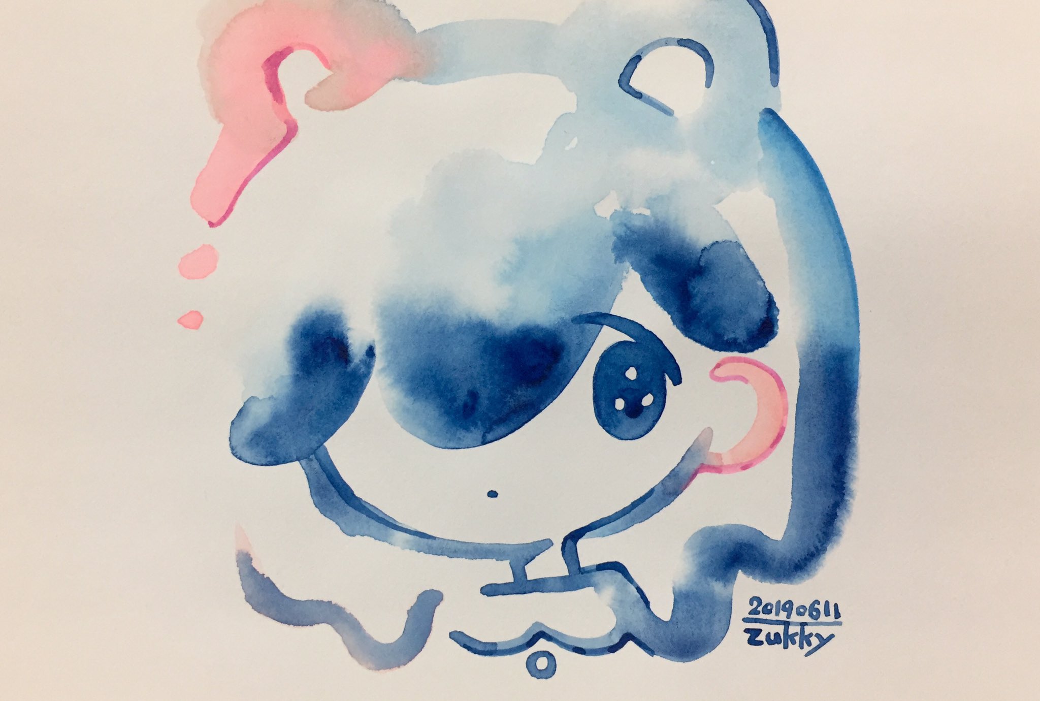 Watercolor painting of a blue character with pink accents HD Wallpaper