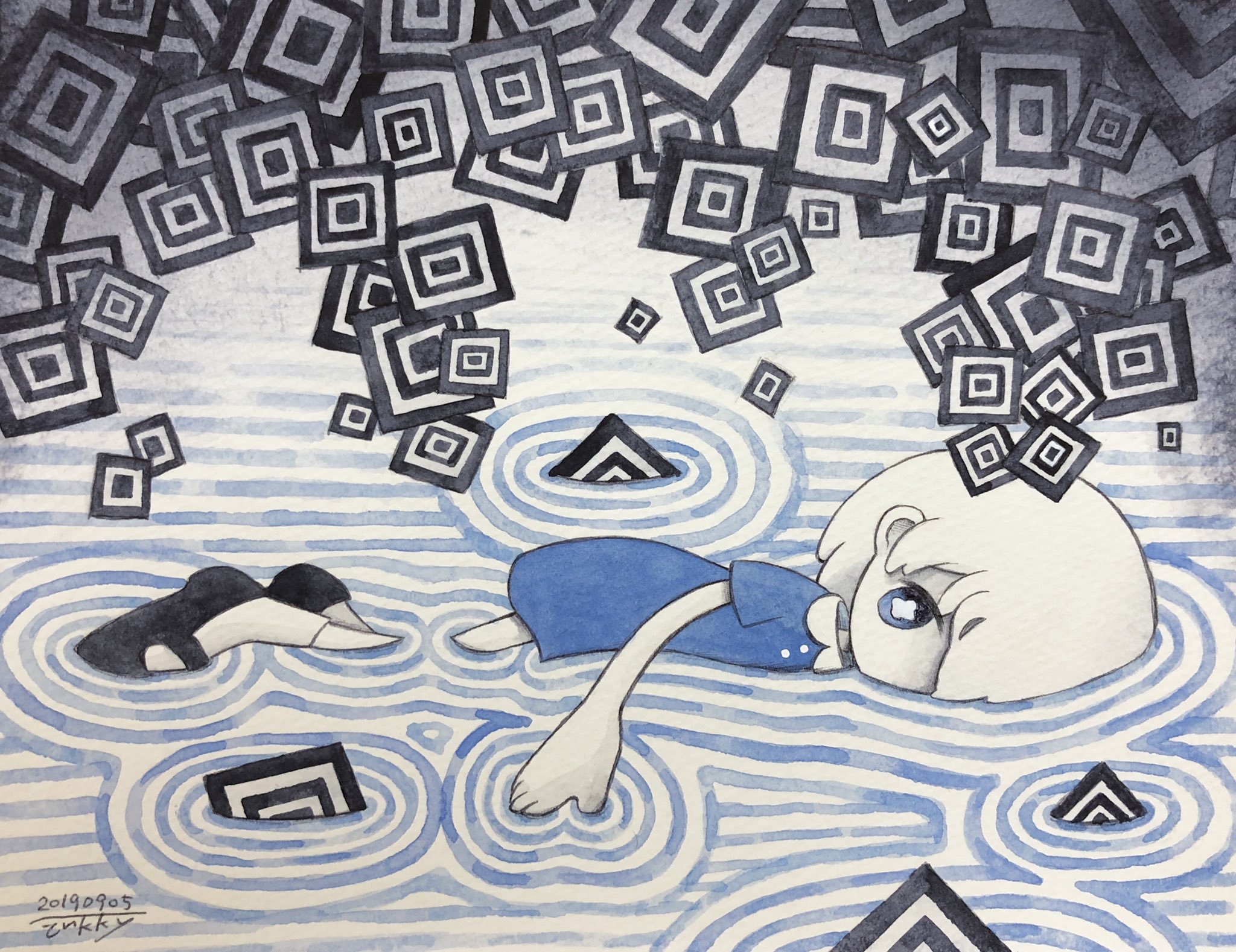 Girl in blue dress floating in water with geometric shapes HD Wallpaper