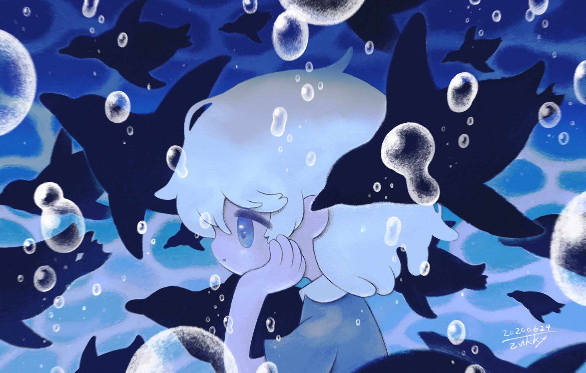 Girl surrounded by dolphins and bubbles HD Wallpaper