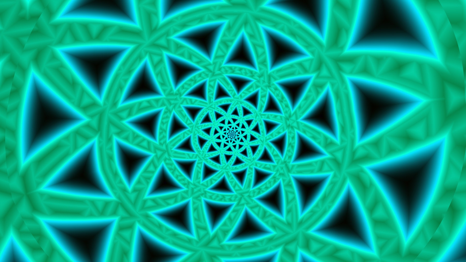 Green fractal pattern with neon blue triangles HD Wallpaper