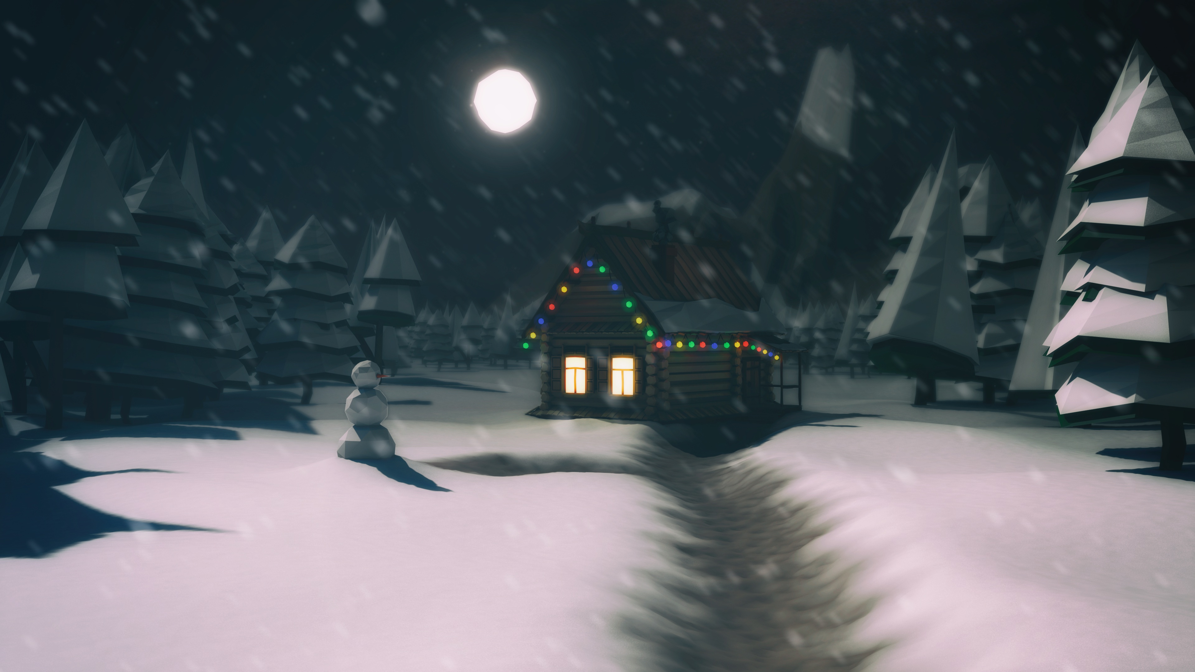 Artistic winter cabin with Christmas lights in snow HD Wallpaper