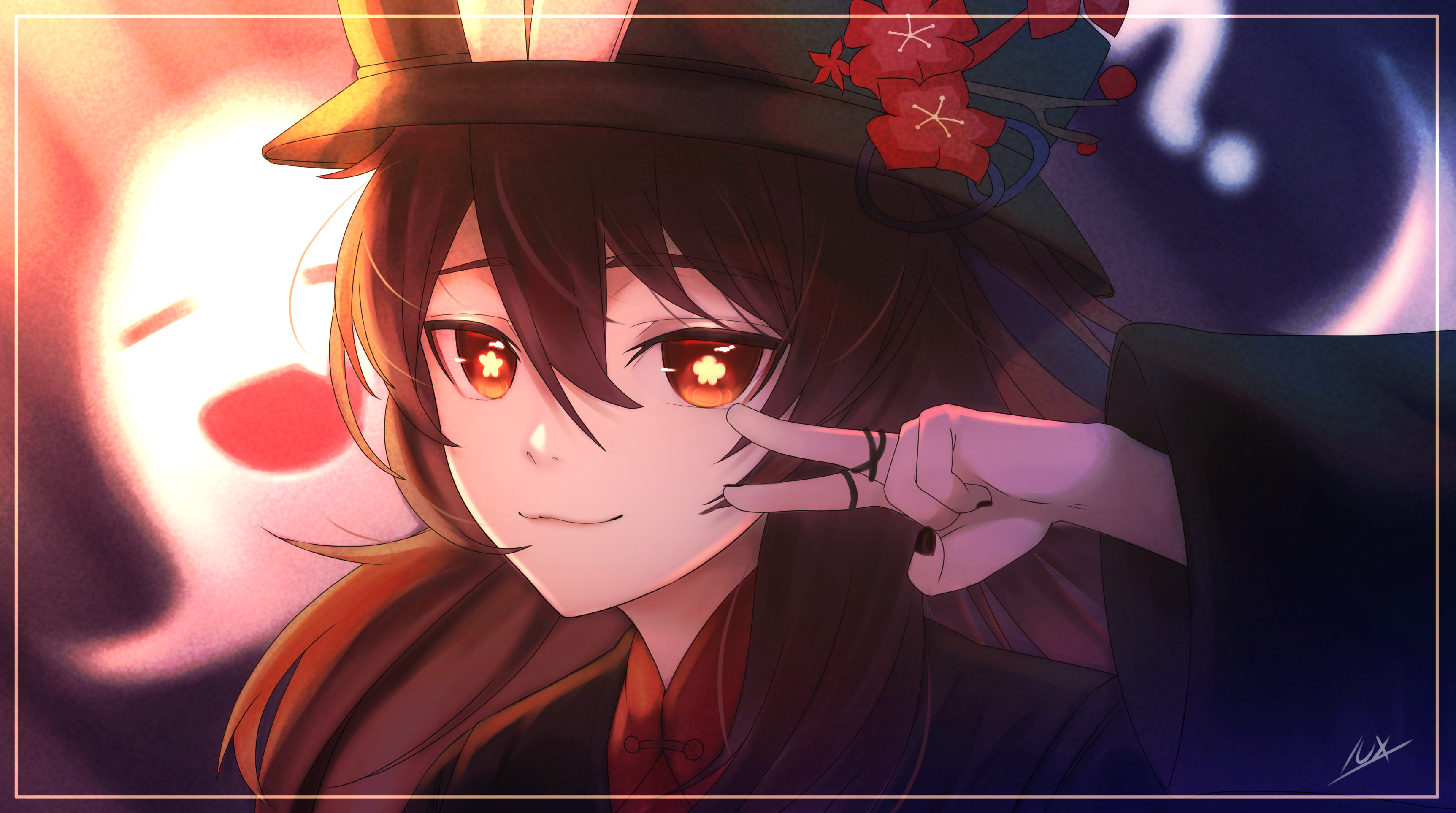 Hu Tao Character with Peace Gesture HD Wallpaper