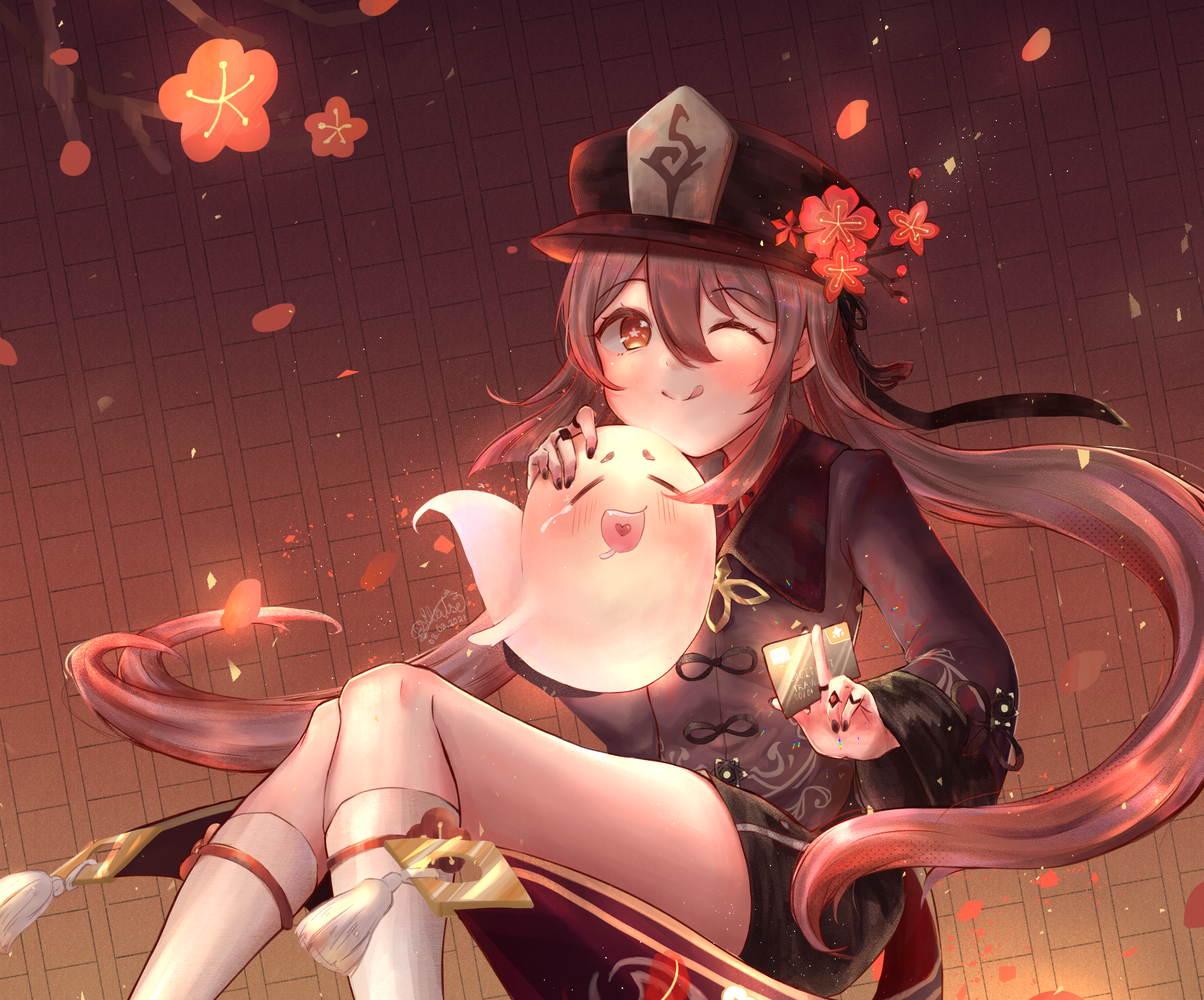 Hu Tao from Genshin Impact with Boo HD Wallpaper