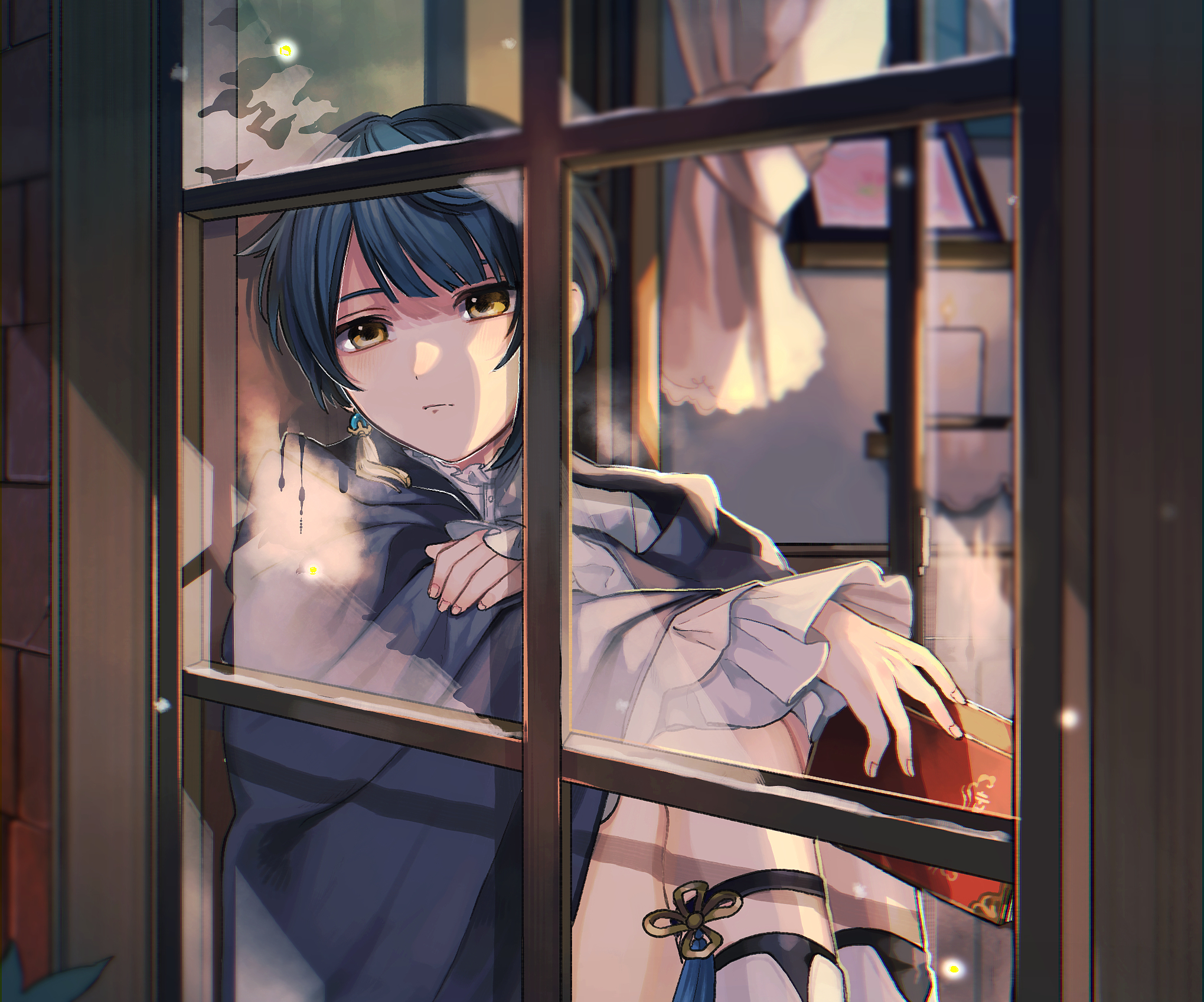Xingqiu from Genshin Impact looking out a window HD Wallpaper