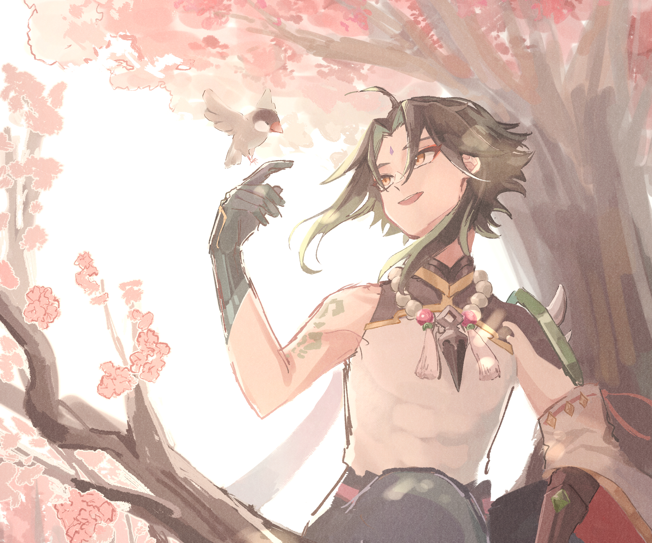 Xiao from Genshin Impact with a bird HD Wallpaper