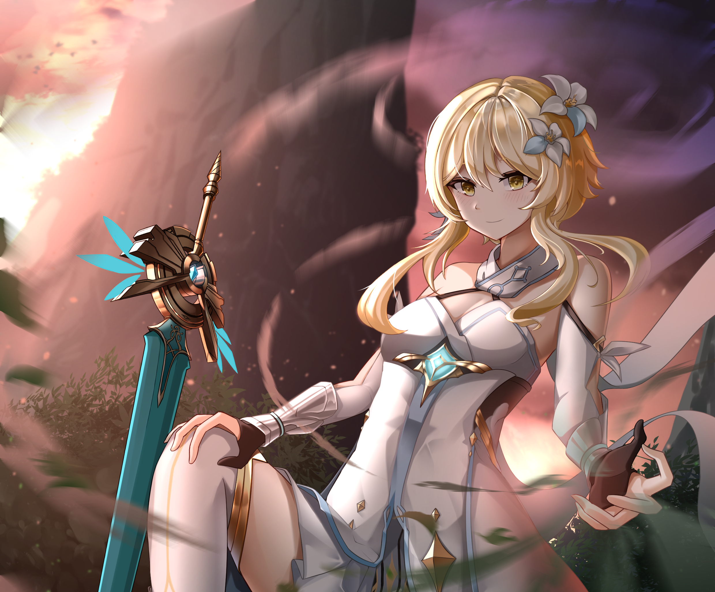 Lumine from Genshin Impact with sword HD Wallpaper