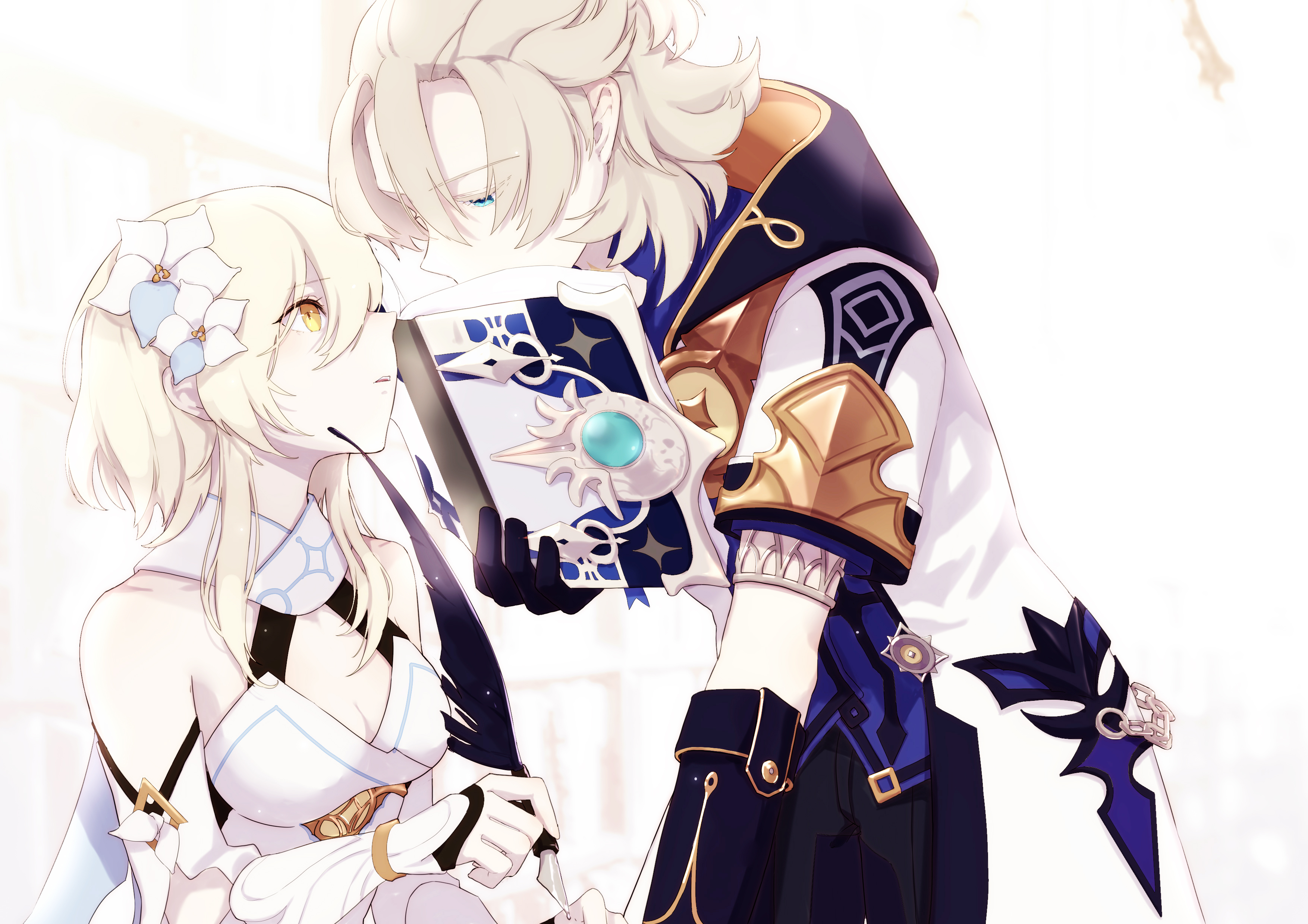 Albedo and Lumine from Genshin Impact reading a book HD Wallpaper