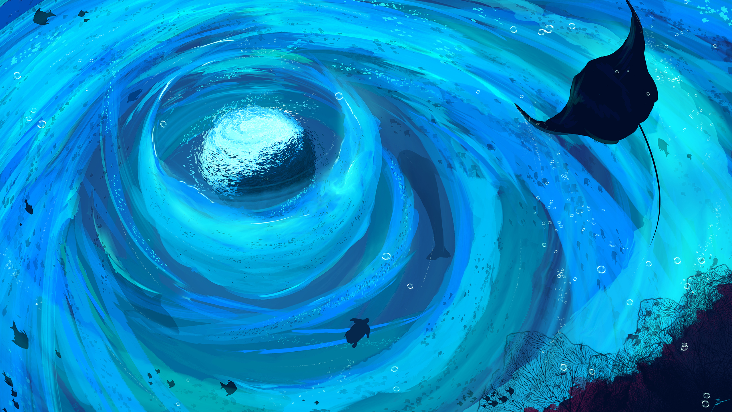 Stingray and turtles in a blue ocean vortex HD Wallpaper