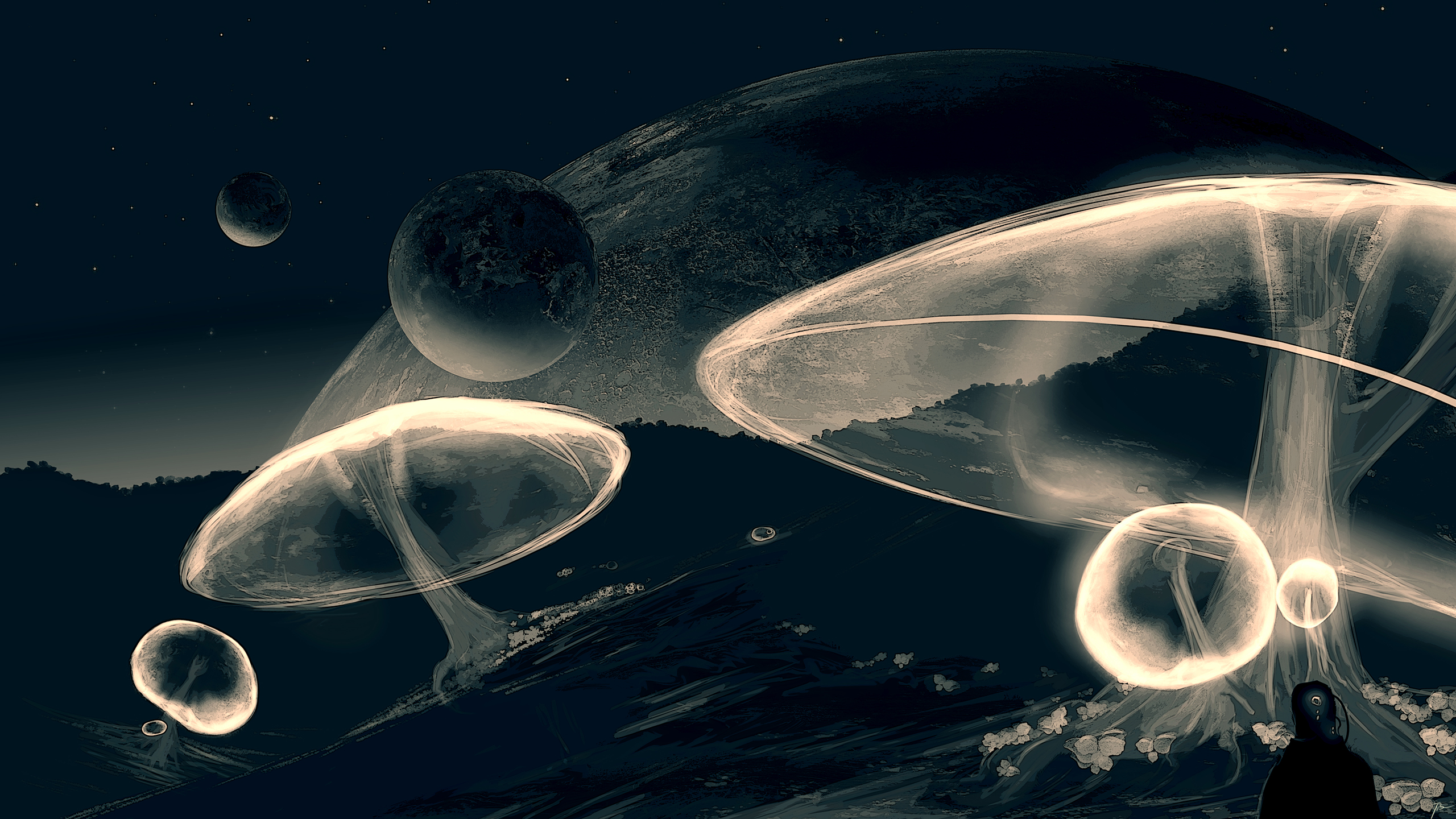 Sci Fi Landscape with Alien Mushrooms and Planets HD Wallpaper