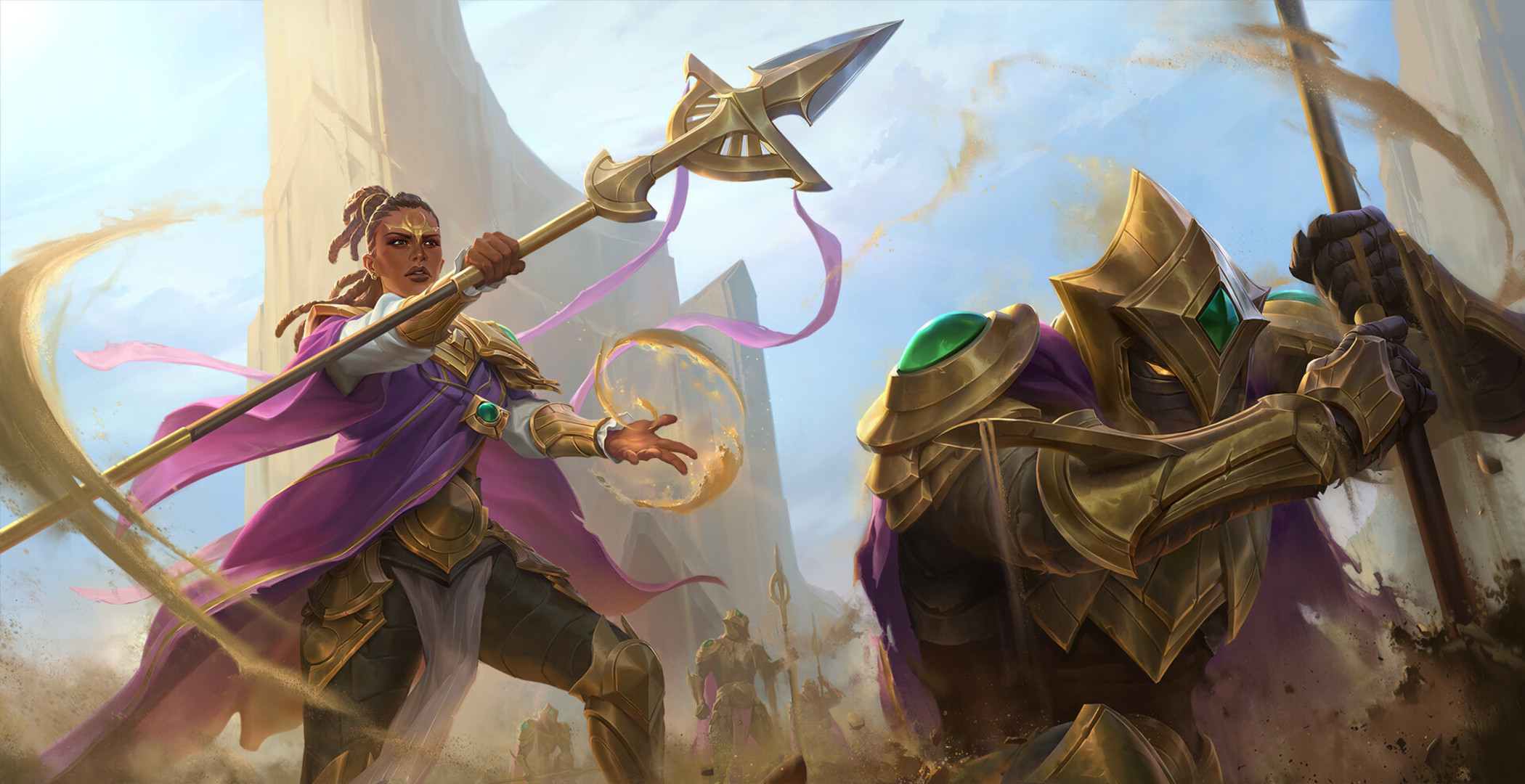Sandcrafter fighting an armored warrior HD Wallpaper