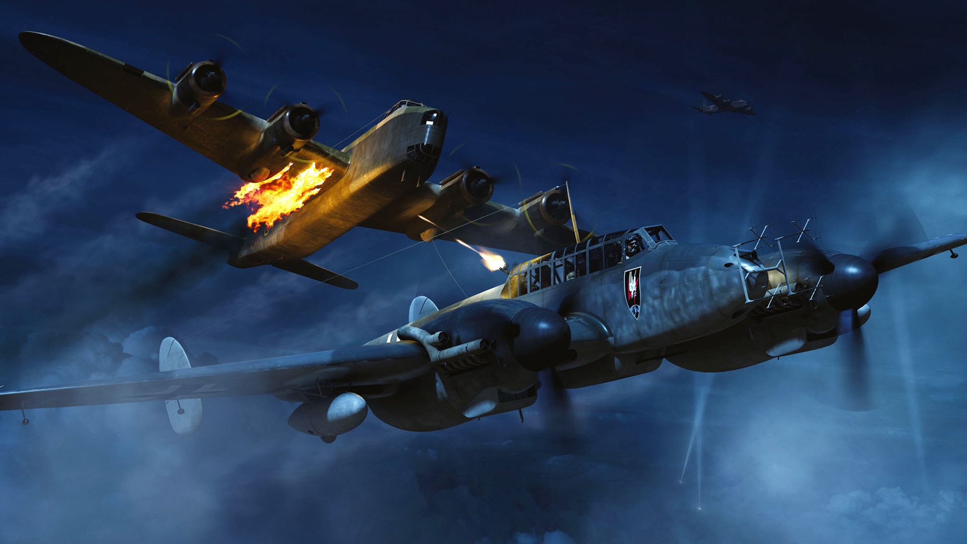 Bomber aircraft in aerial combat at night HD Wallpaper
