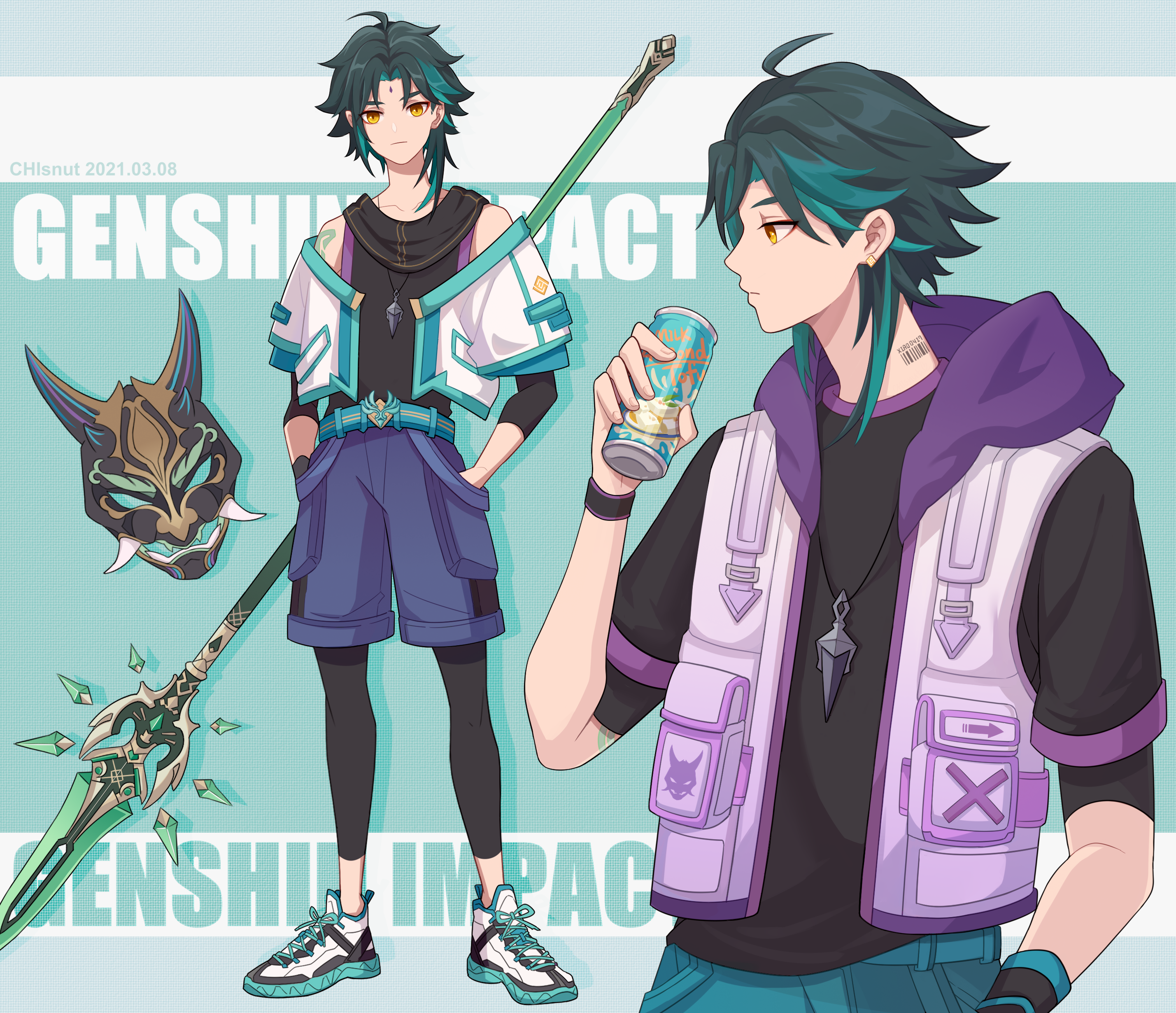 Xiao from Genshin Impact with mask and spear HD Wallpaper