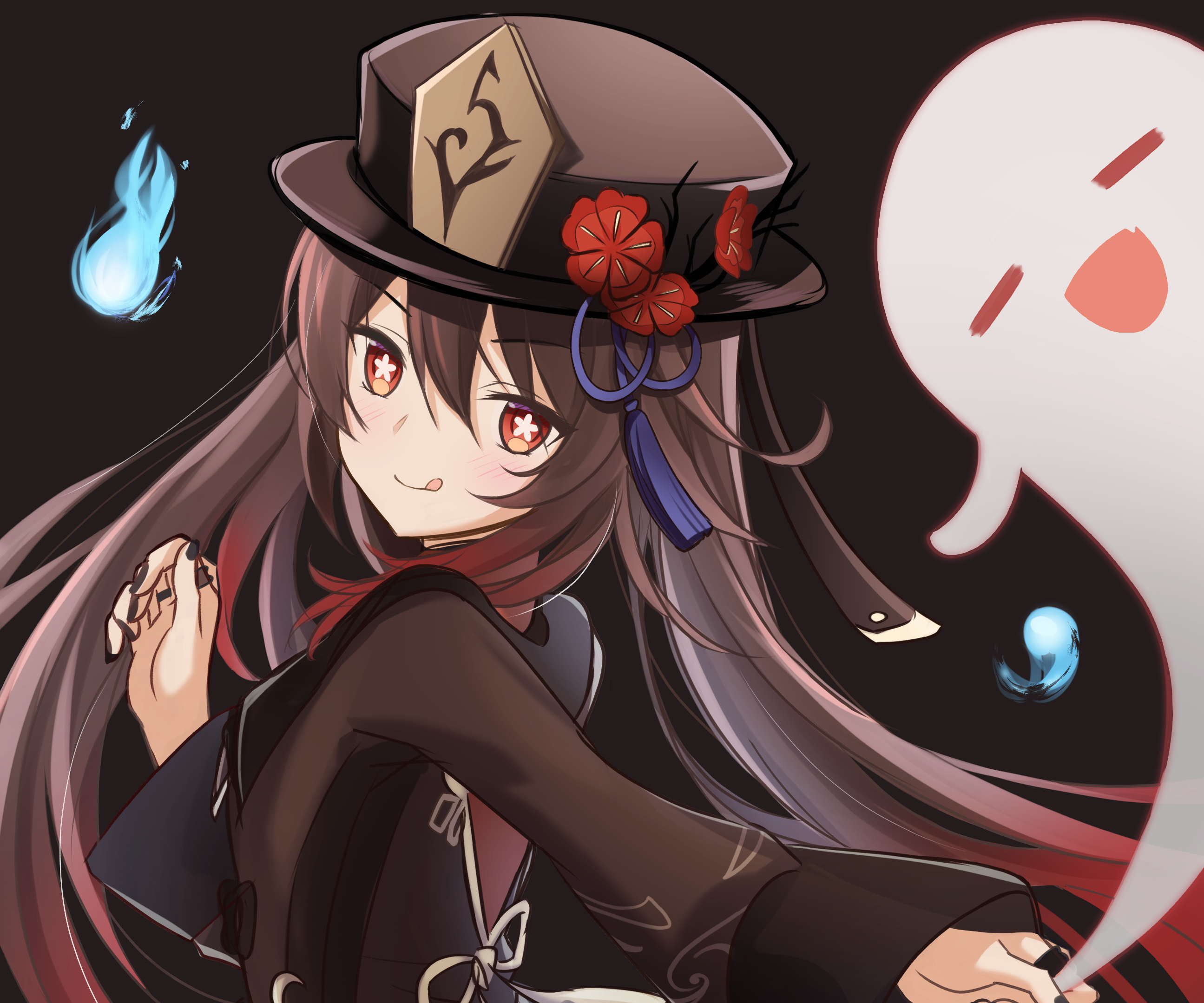 Hu Tao from Genshin Impact with a ghost HD Wallpaper