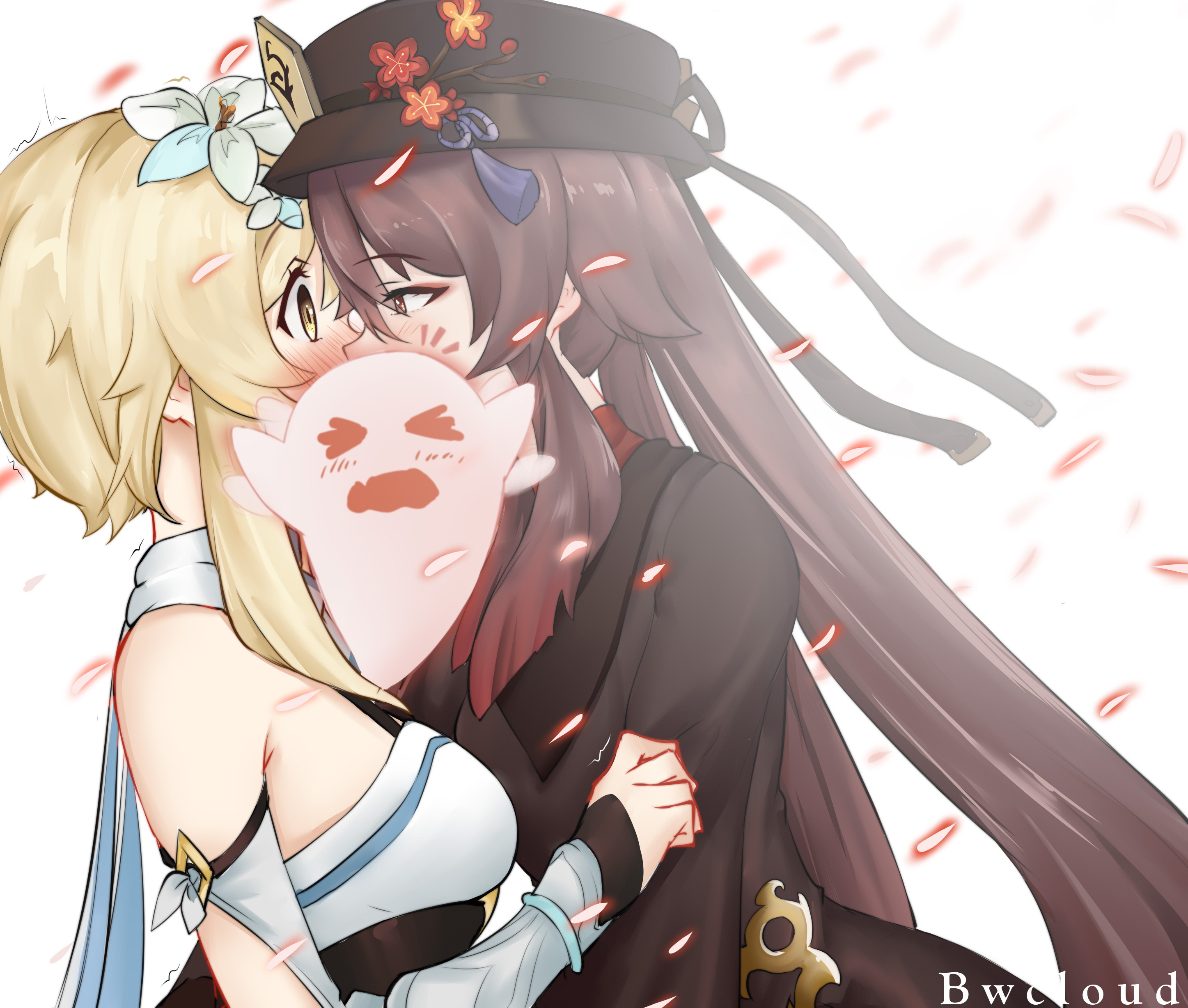 Hu Tao and Lumine from Genshin Impact kissing HD Wallpaper