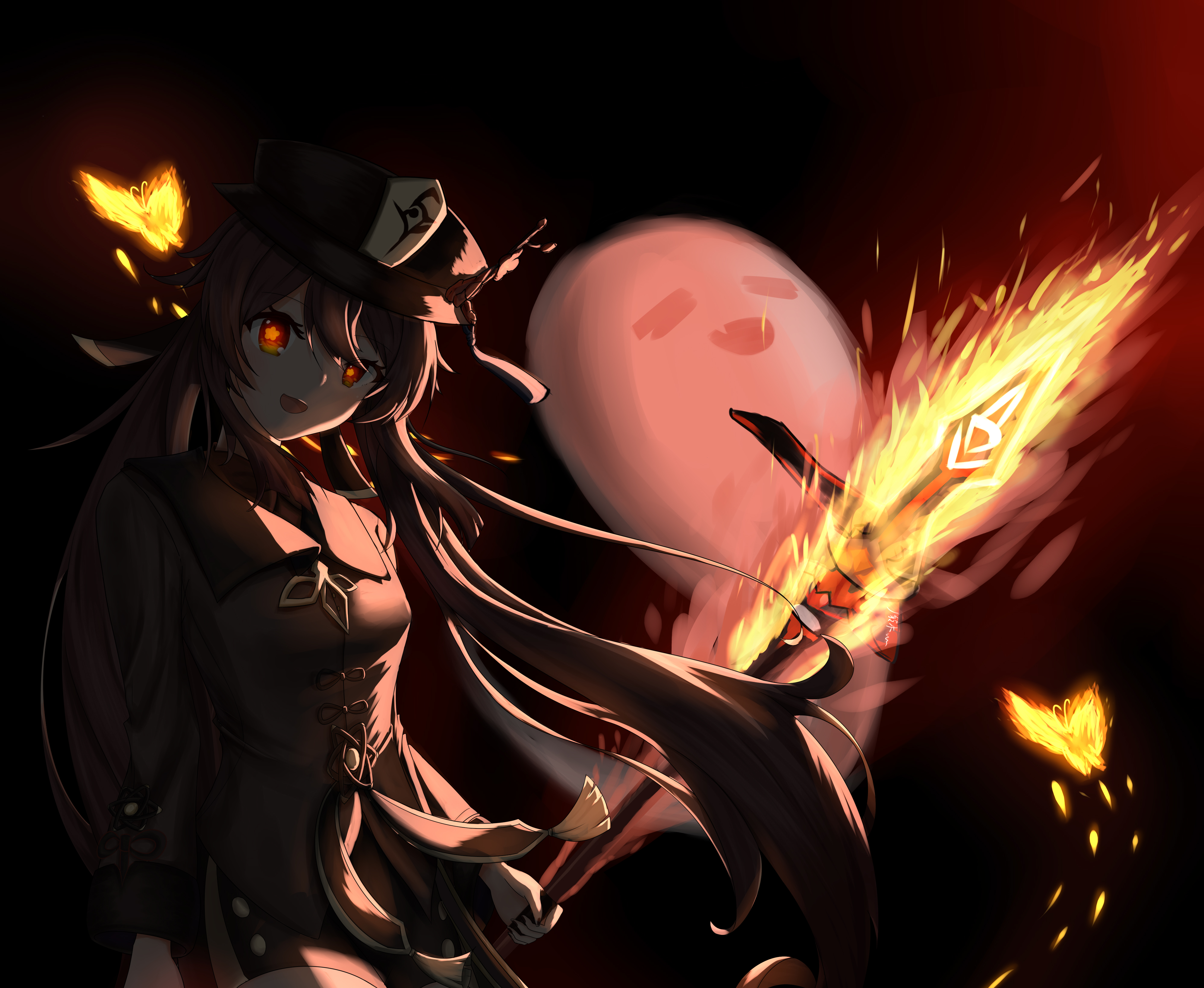 Hu Tao from Genshin Impact with a ghost and fire HD Wallpaper