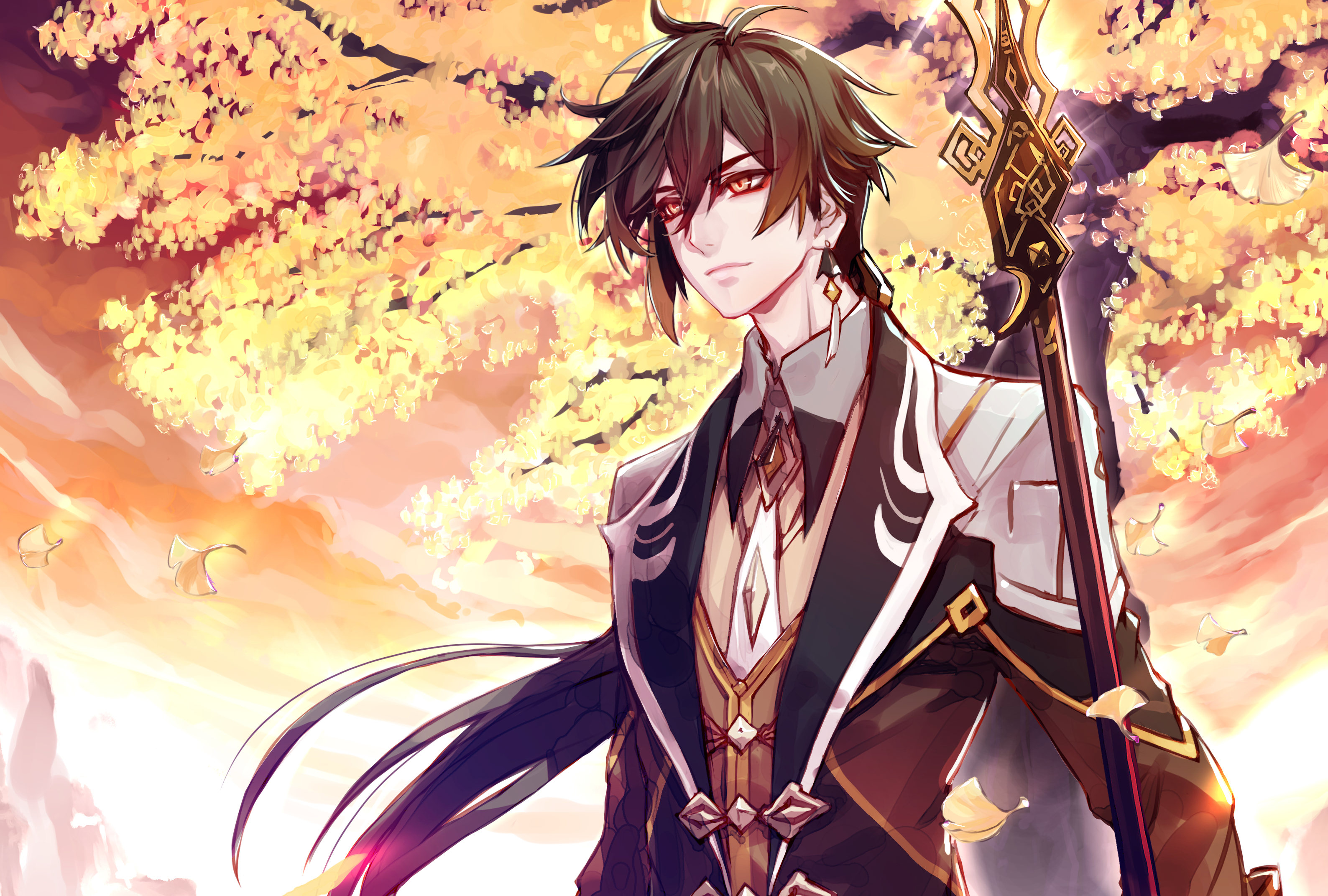 Zhongli from Genshin Impact with a staff HD Wallpaper