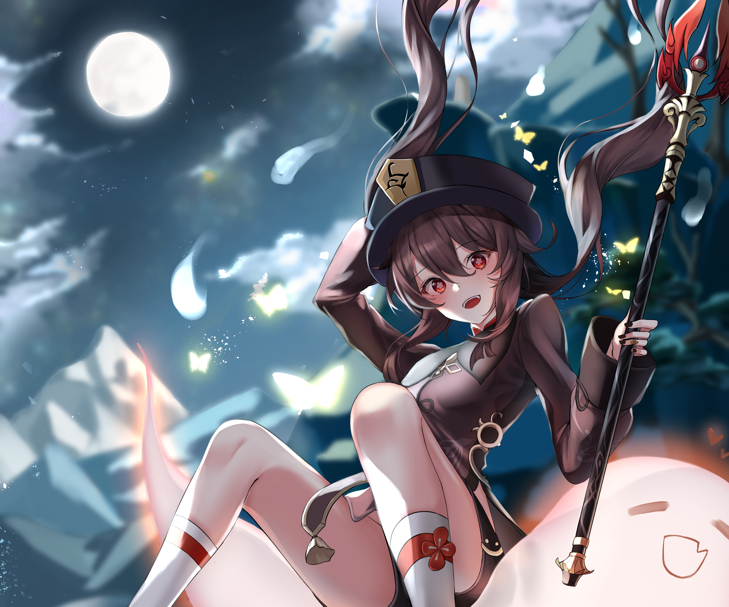Hu Tao from Genshin Impact with a staff HD Wallpaper