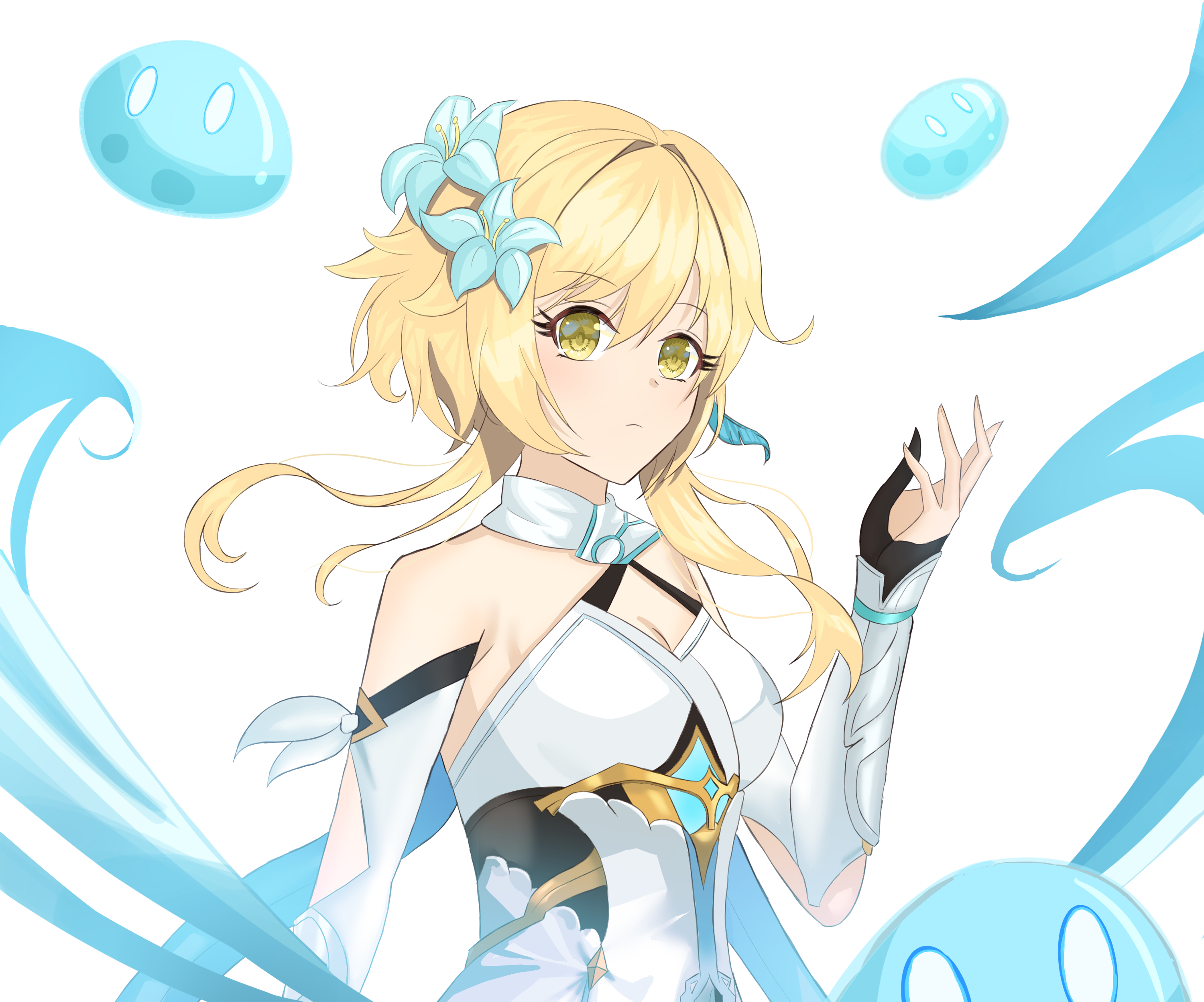 Lumine from Genshin Impact with Hydro Slimes HD Wallpaper