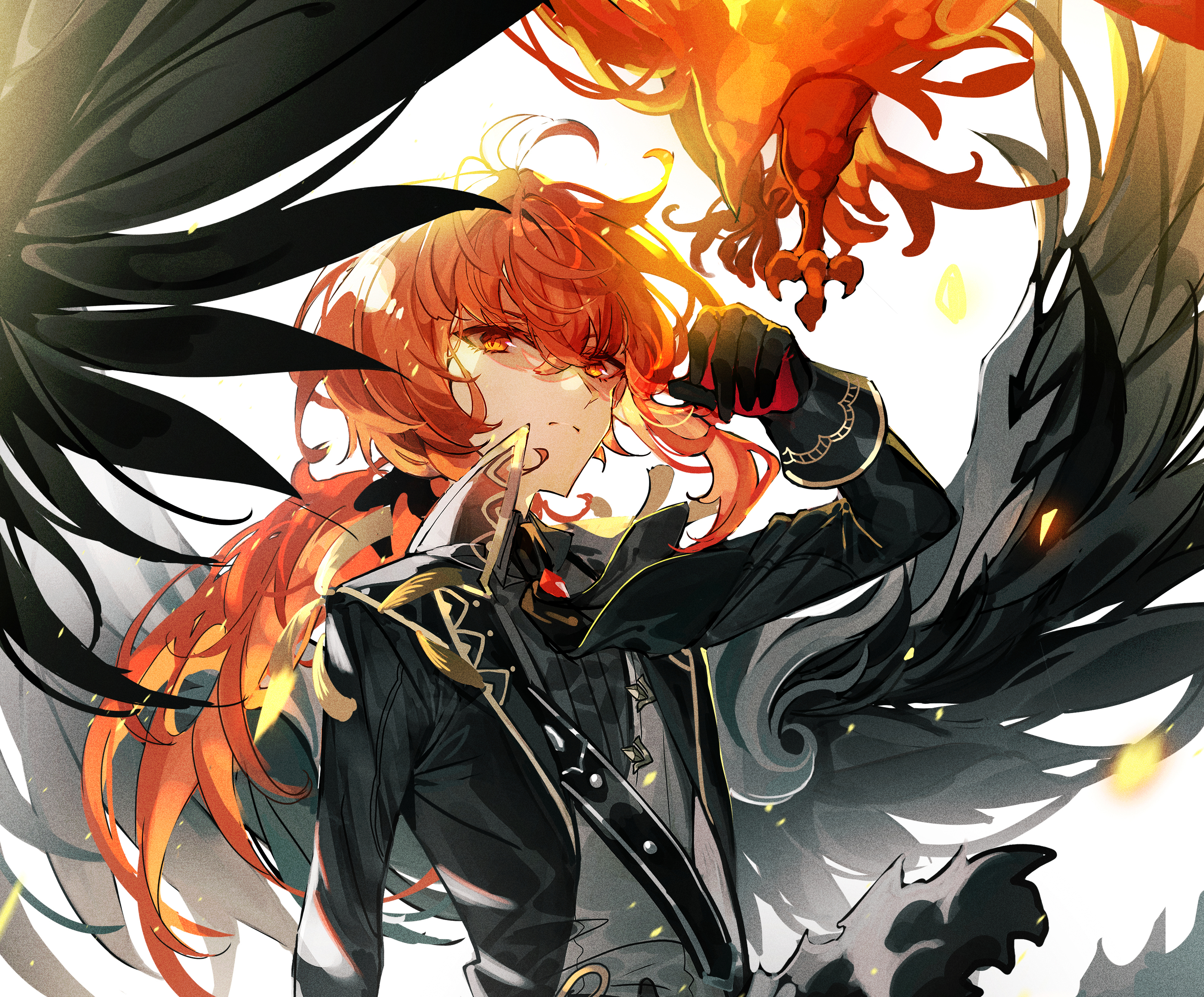 Diluc from Genshin Impact with a phoenix and wings HD Wallpaper