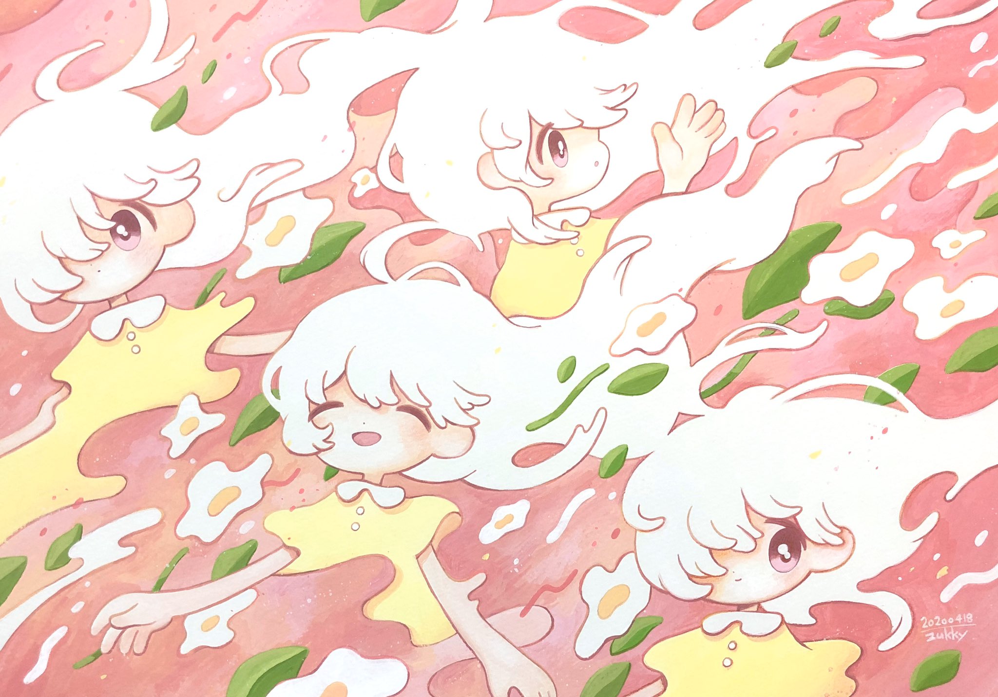 Four girls with white hair in yellow dresses HD Wallpaper