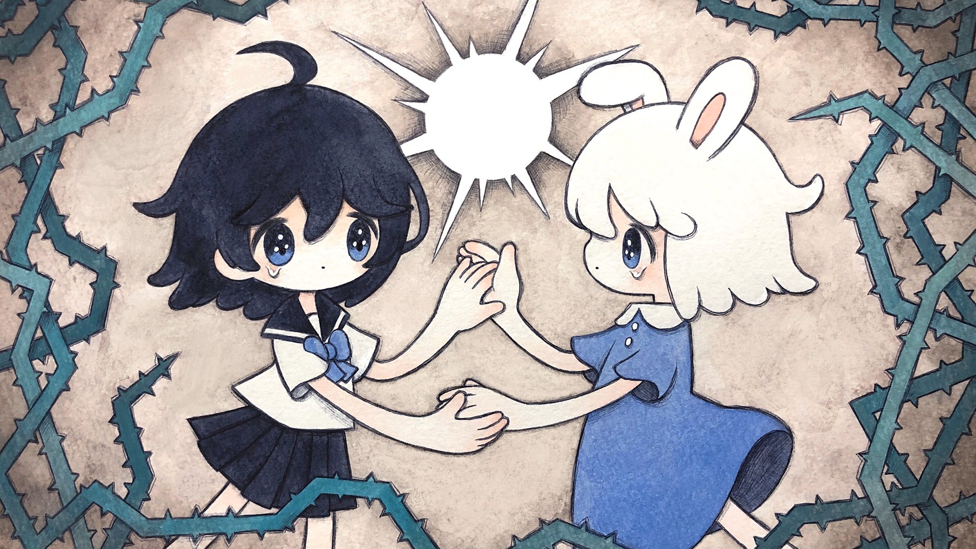 Two girls holding hands surrounded by thorns HD Wallpaper