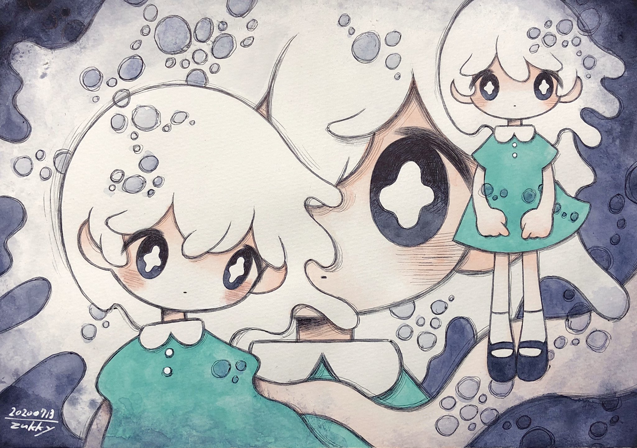 Two girls with white hair and blue eyes in teal dresses HD Wallpaper