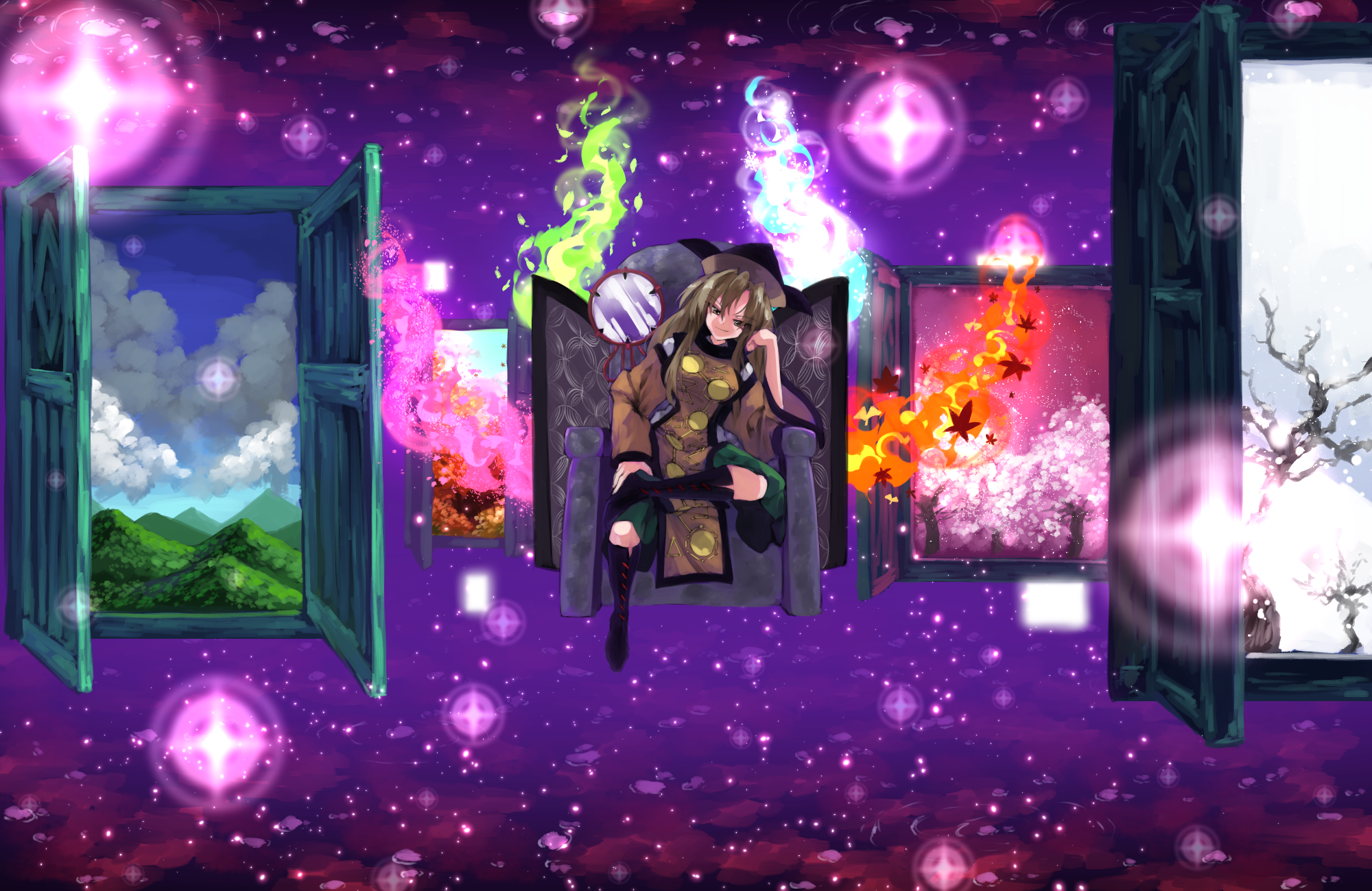 Okina Matara from Touhou sitting on a throne surrounded by portals HD Wallpaper