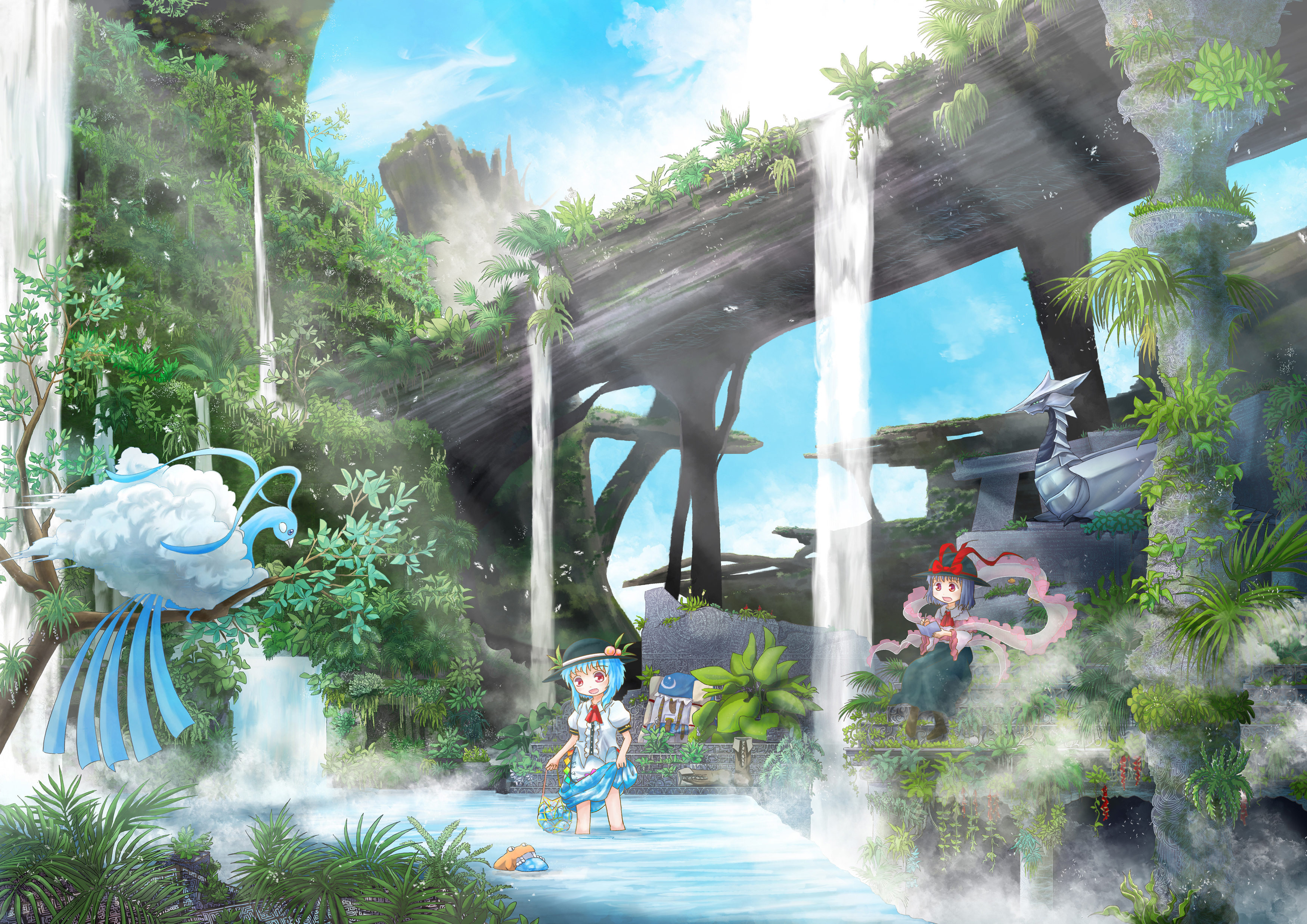 Tenshi Hinanawi and Iku Nagae from Touhou in a jungle waterfall HD Wallpaper