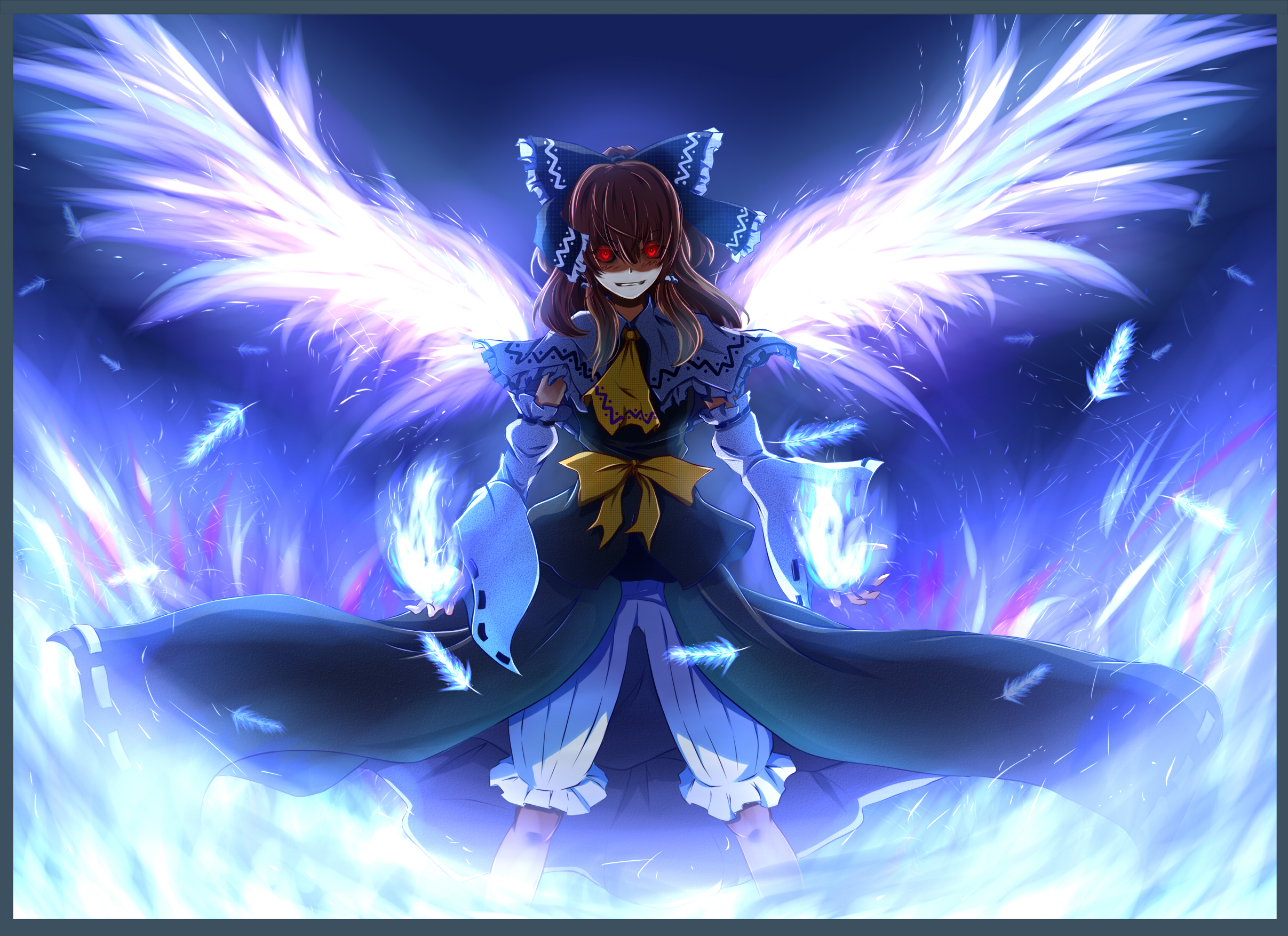 Reimu Hakurei from Touhou with wings and fire HD Wallpaper