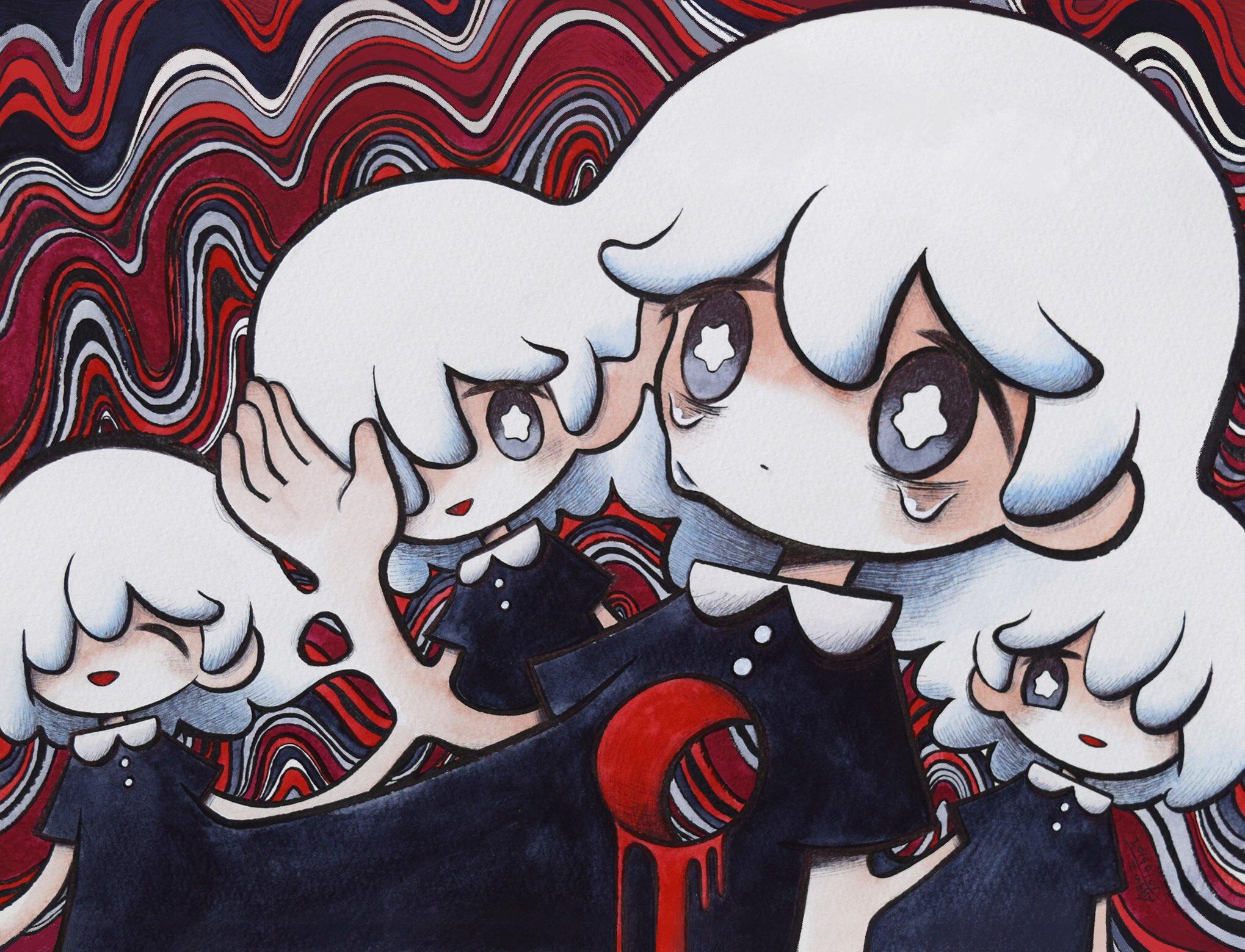 Four girls with white hair and black dresses HD Wallpaper