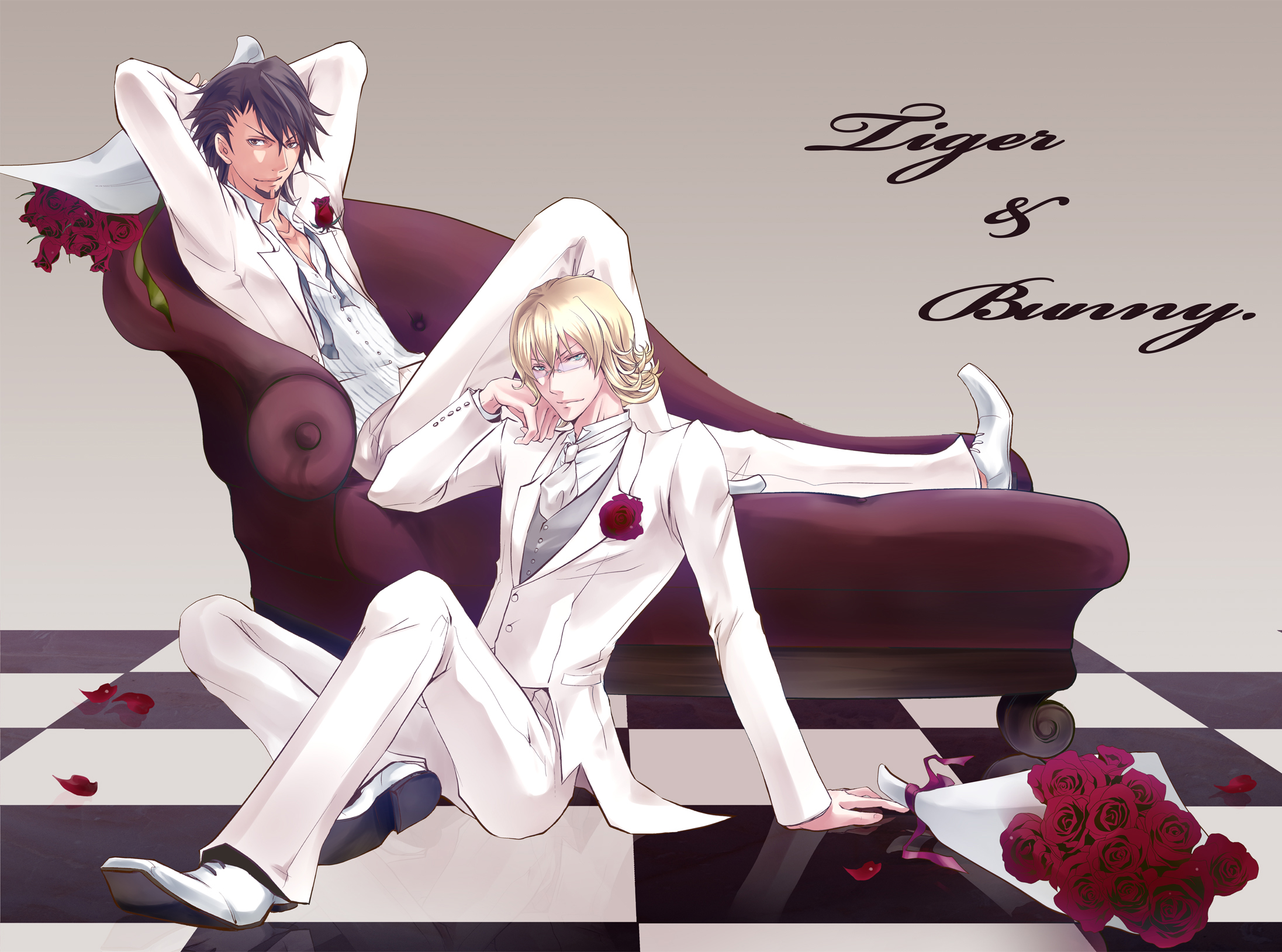 Tiger & Bunny characters in white suits with roses HD Wallpaper