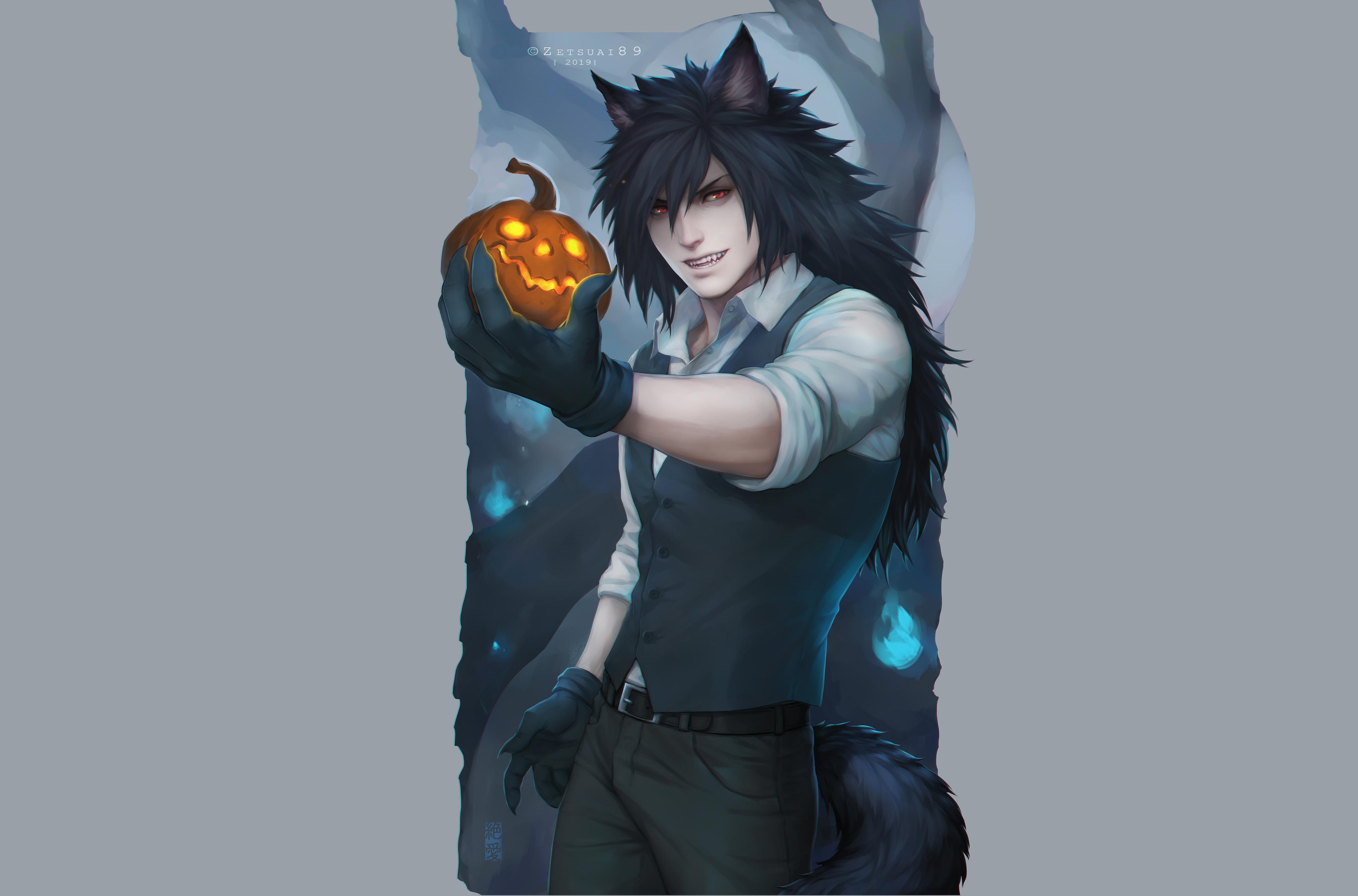 Madara Uchiha from Naruto holding a Jack-o'-lantern HD Wallpaper