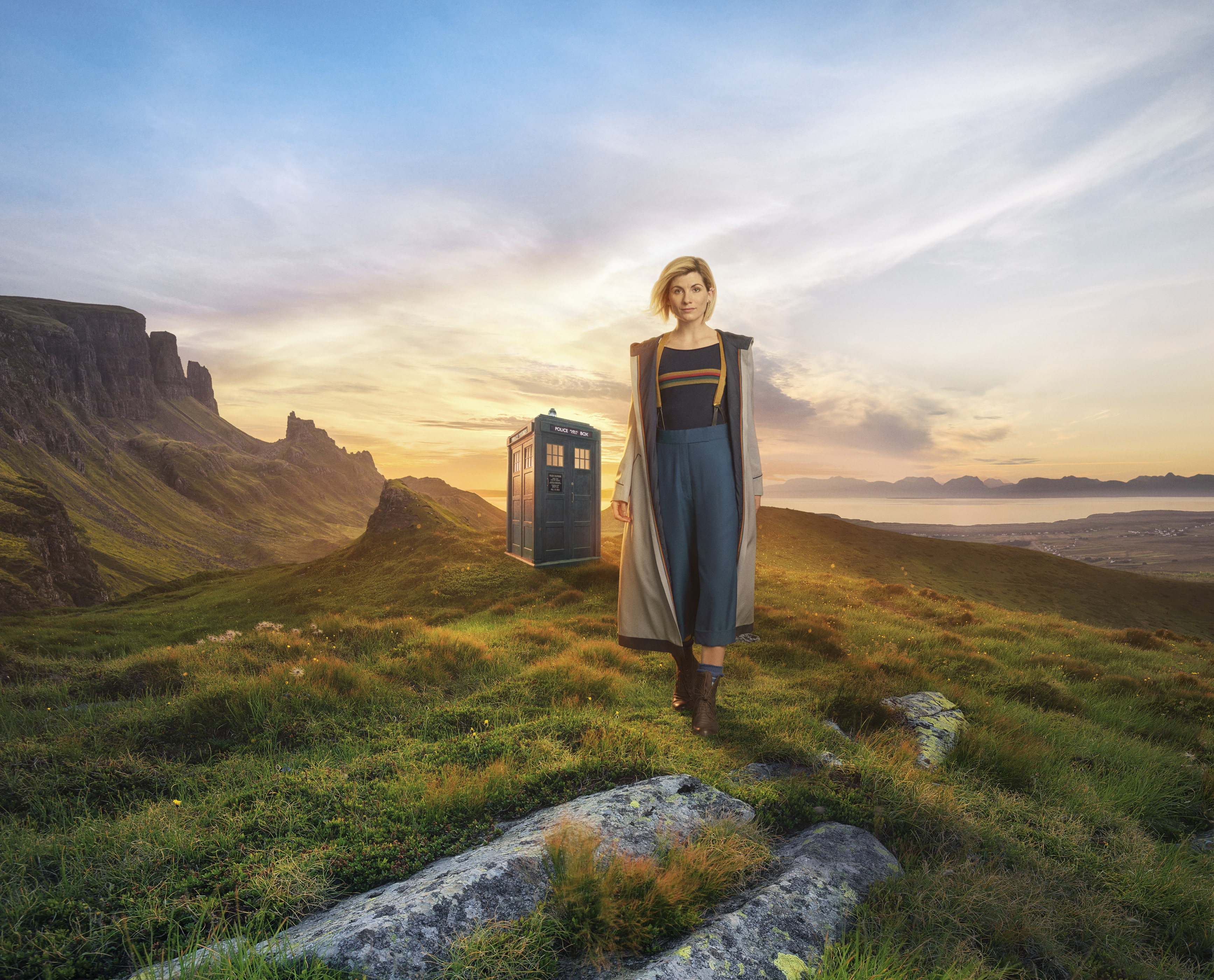Jodie Whittaker and the TARDIS in a landscape HD Wallpaper